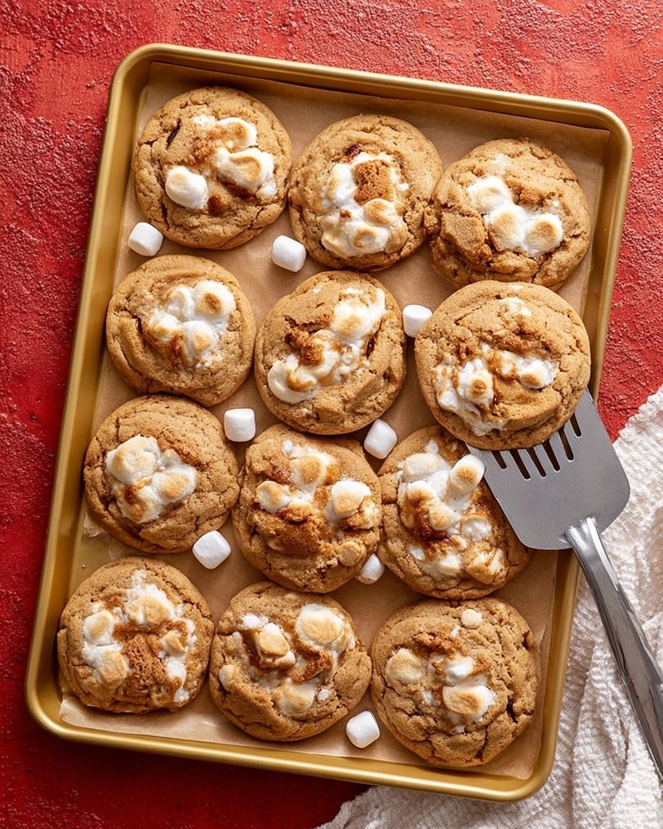 A golden baking tray holds twelve round cookies with a light brown color and a soft, textured surface. Each cookie is studded with multiple melted white marshmallow pieces that have turned lightly toasted brown in spots, creating gooey, uneven patches on top. The cookies are closely packed on a light brown parchment paper lining the tray, showing some slight spread and irregular edges. A metal spatula lies on the right side of the tray, ready to lift the cookies. The background is a bright red textured surface with a corner of a white cloth visible at the bottom right corner. photo taken with an iphone --ar 4:5 --v 7