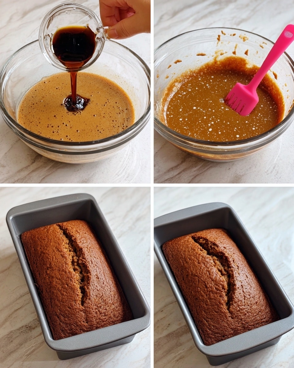 The image shows a four-step process of making a loaf cake. The first frame shows a clear glass bowl with light brown batter inside, and a woman's hand pouring a dark liquid from a small glass bowl while a pink spatula rests in the batter. The background is a white marbled surface. The second frame shows the same glass bowl with the batter fully mixed into a smooth, medium brown color with some small specks, and the pink spatula in the side. The third frame shows the batter poured into a gray loaf pan, evenly spread out and smooth on top. The fourth frame shows the baked loaf in the same gray pan, with a rich brown crust and a crack running down the center. The background remains white marble. photo taken with an iphone --ar 4:5 --v 7