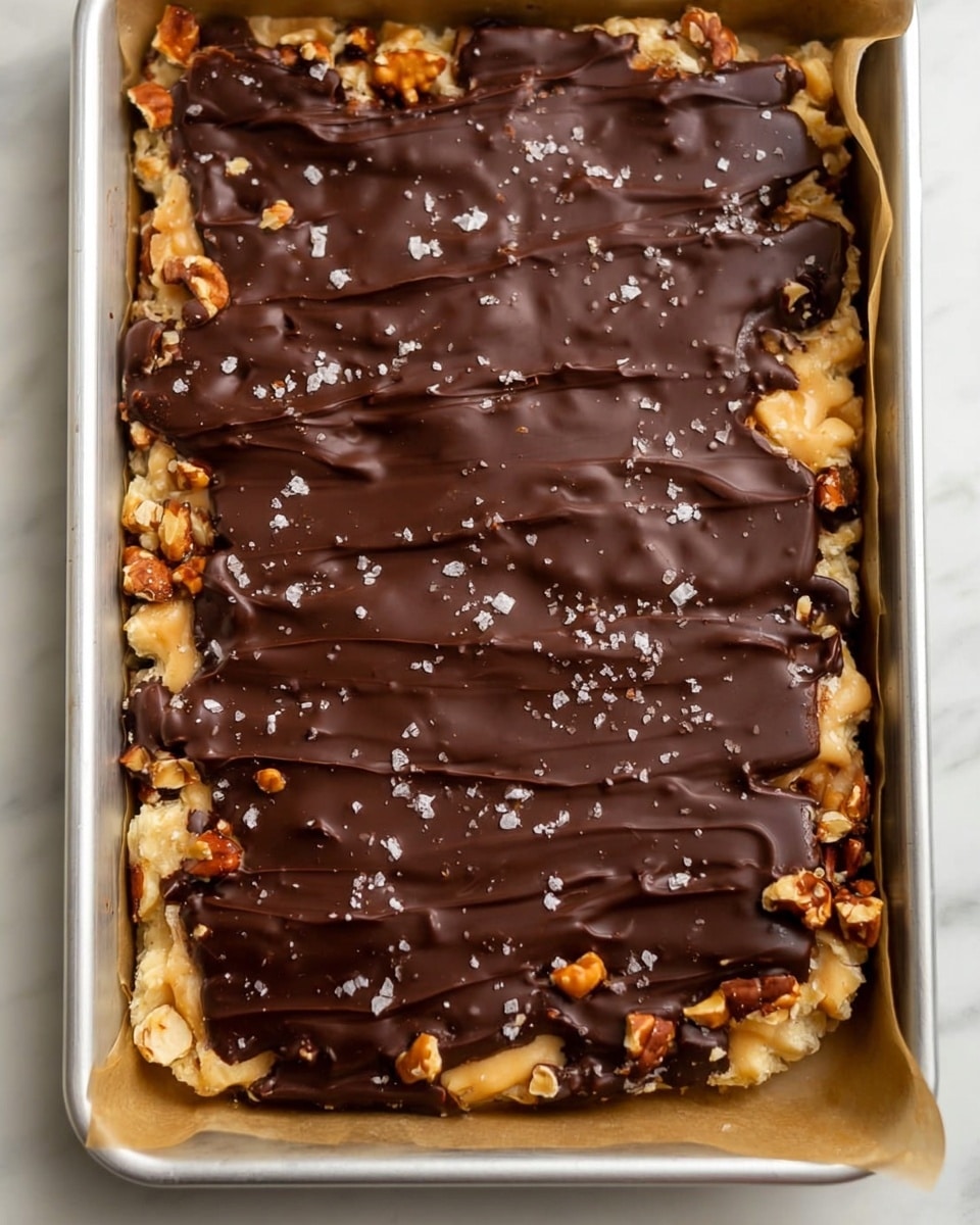 The image shows a rectangular tray with a three-layered treat. The bottom layer is light beige and crunchy, with pieces of nuts partly visible along the edges. The middle layer is creamy light brown and thick, spread evenly over the bottom layer. The top layer is a rich dark brown chocolate coating, slightly uneven with a smooth texture, and sprinkled with coarse salt flakes. The tray sits on a white marbled surface. photo taken with an iphone --ar 4:5 --v 7