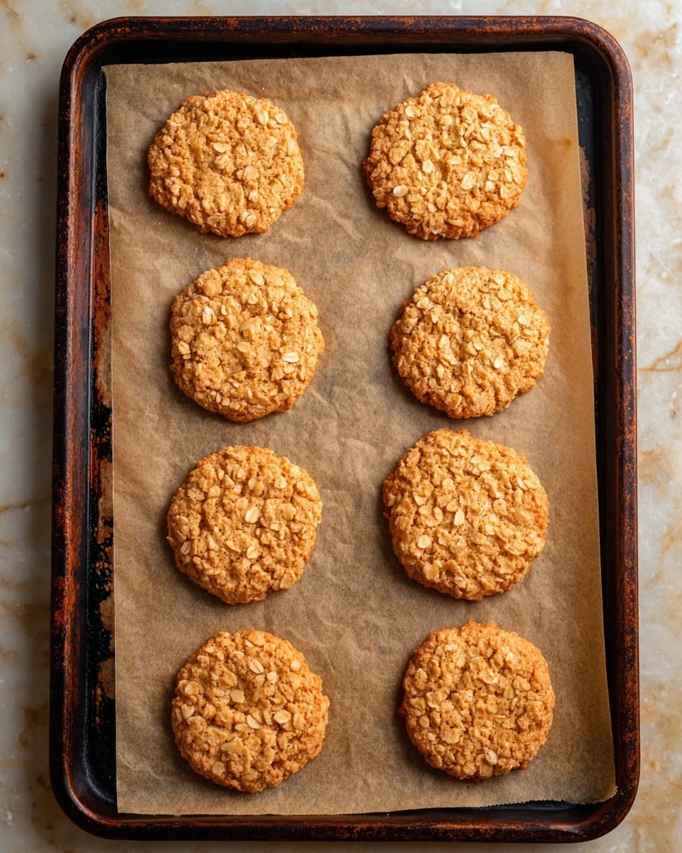 There are eight round oatmeal cookies on a single sheet of light brown parchment paper, which lays on a dark brown baking tray with black marks. The cookies are light golden brown and textured with visible oats, evenly spaced in two rows. The surface beneath the tray is a white marbled texture. photo taken with an iphone --ar 4:5 --v 7