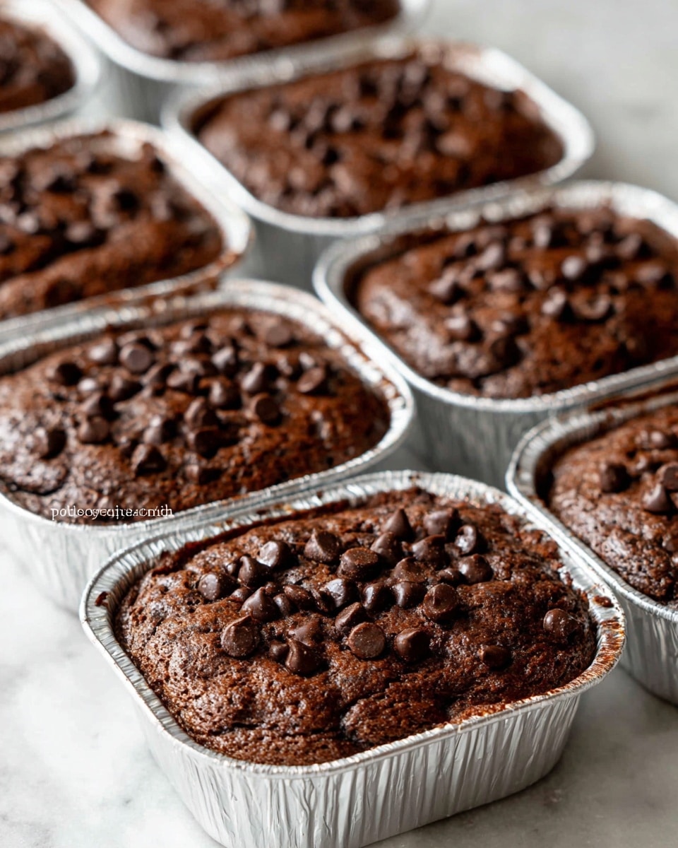 The image shows eight small chocolate cakes in shiny silver foil pans arranged on a white marbled surface. Each cake has a textured, dark brown top with small cracks, and is generously sprinkled with glossy dark chocolate chips that sit unevenly on the surface. The cakes look soft and thick, filling the pans almost fully, with some chocolate chips slightly melted and others maintaining their shape. The focus is on the nearest cakes, showing detailed texture and depth, while the cakes in the background are softly blurred. photo taken with an iphone --ar 4:5 --v 7