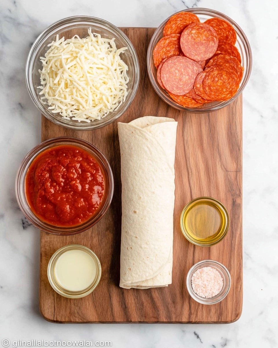 A wooden cutting board sits on a white marbled surface with a rolled tortilla placed in the center of the board. Surrounding the board are five clear glass bowls: one bowl contains shredded white cheese, another has round slices of pepperoni with a reddish color, a third bowl holds bright red tomato sauce, a fourth bowl has a light yellow oil, and the smallest bowl contains a light pink salt. The arrangement is neat and organized, showing all the ingredients needed to prepare a pizza wrap photo taken with an iphone --ar 4:5 --v 7
