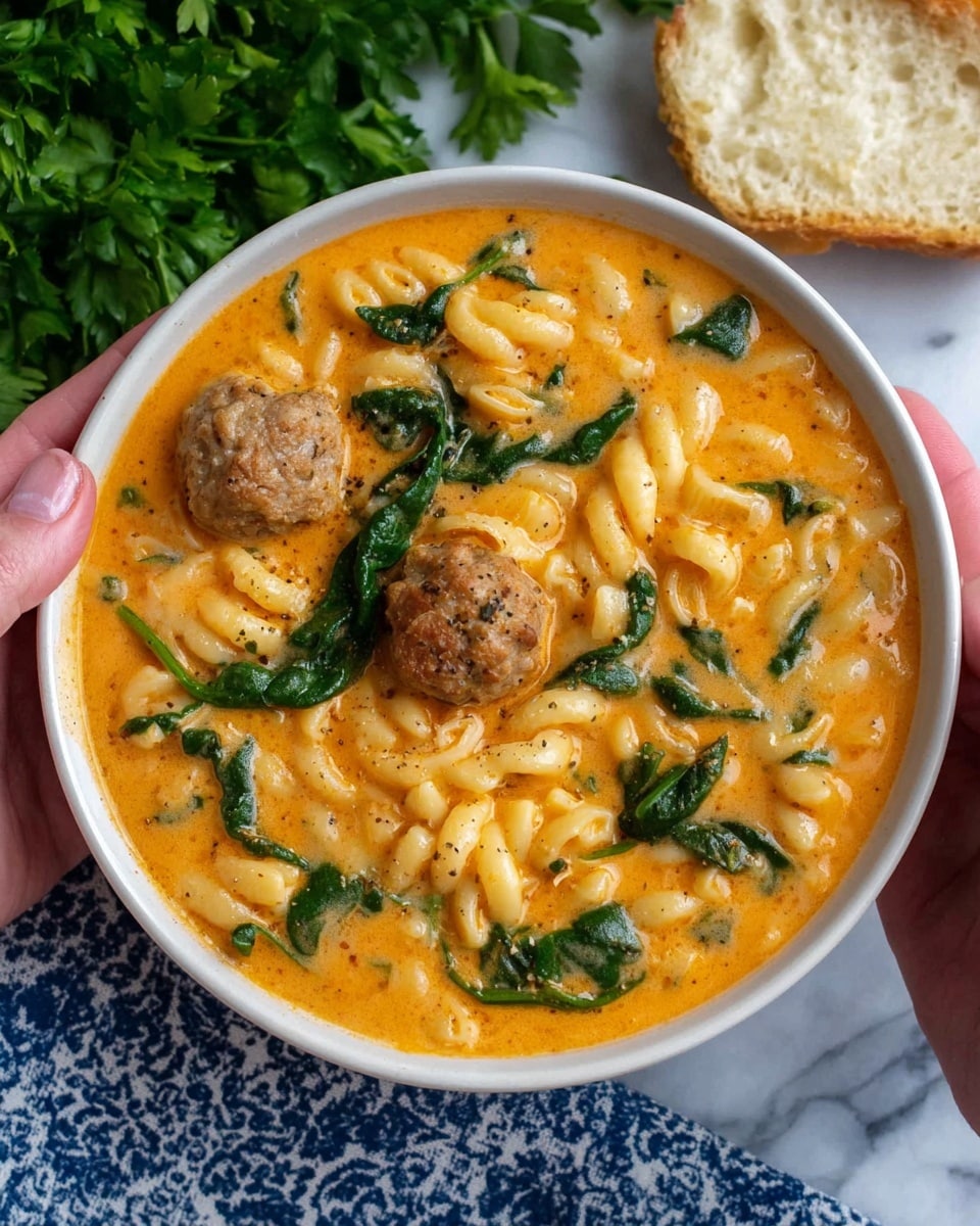 A white bowl filled with creamy orange soup that has small pasta pieces, three light brown meatballs, and green spinach leaves scattered throughout. The soup looks thick and smooth with some small black pepper specks. The bowl is held by two woman's hands over a white marbled surface, with fresh green parsley in the background and a piece of light brown bread with a soft texture on a blue and white patterned cloth beside the bowl. photo taken with an iphone --ar 4:5 --v 7