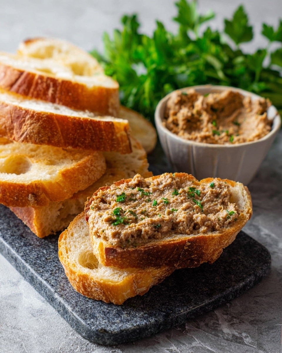 A dark brown spread with green flecks is thickly spread on two slices of crusty bread with a golden-brown edge and soft white inside, stacked with one slice under the other. More slices of the same bread are stacked behind these on the right side. Behind the bread, there is a blue bowl filled with the same brown spread with green flecks. In the background, fresh green parsley leaves are visible, all placed on a grey stone board set on a white marbled surface. photo taken with an iphone --ar 4:5 --v 7