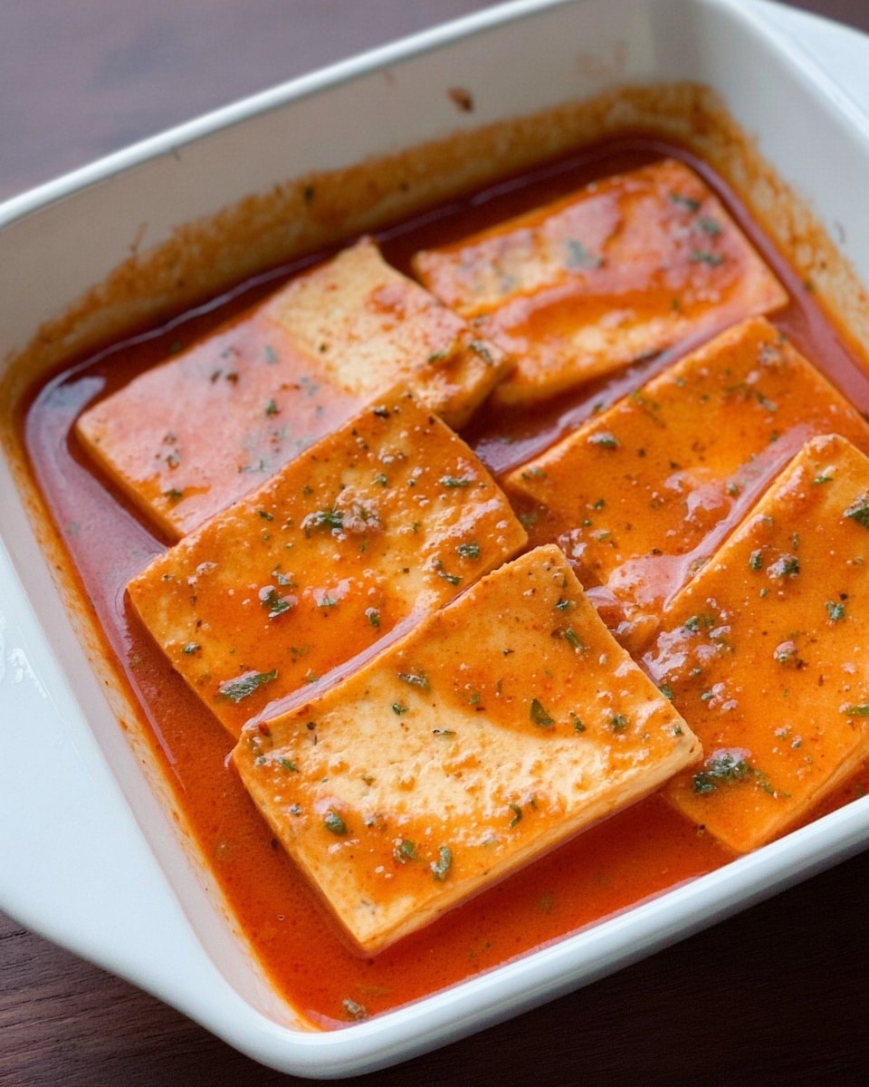 A white square dish holds several slices of light orange tofu covered in a smooth, medium-thick red-orange sauce with small green herb bits. The tofu slices are arranged in layers, some overlapping each other, soaking in the sauce evenly. The edges of the dish show some sauce residue. The background is a white marbled surface. photo taken with an iphone --ar 4:5 --v 7