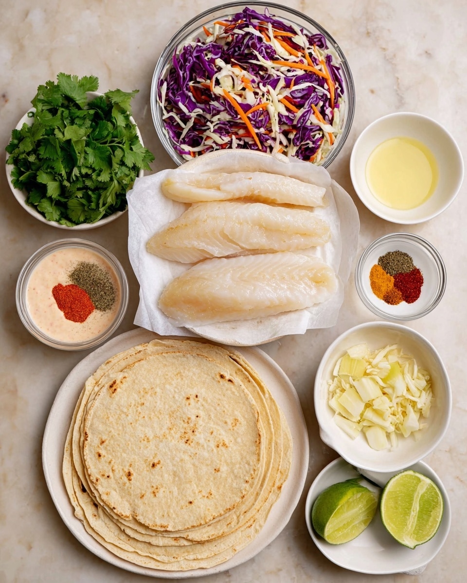 The image shows a flat white round plate with a stack of light tan tortillas at the bottom left. Above the tortillas, there is a clear glass bowl filled with a mix of shredded white and purple cabbage and thin orange carrot strips. At the top center, a smaller white bowl lined with white paper holds five raw pale beige fish fillets with a smooth, slightly shiny texture. Surrounding these main items are small white bowls: one with fresh green cilantro leaves at the top left, one with mixed powdered spices in orange, red, yellow, and green colors just below the cilantro, another with chopped pale yellow ginger and coarse salt beneath the spices, a half-cut lime with bright green skin and pale green inside next to the ginger, a small white bowl with light pink creamy sauce in the center, a small white bowl with yellow lemon juice to the right of the sauce, and a white bowl with coarse salt and black pepper at the top right. All items are placed on a white marbled surface. photo taken with an iphone --ar 4:5 --v 7