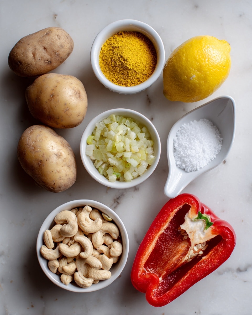 The image shows several ingredients arranged on a white marbled surface, each labeled with black text on white rectangles. There are two whole potatoes with a light brown skin placed near the top left, a small white bowl filled with yellow nutritional yeast above the center, and a whole lemon with a bright yellow skin at the top right. A white spoon-shaped dish on the right contains white salt granules. Near the bottom left, a small white bowl holds raw cashews that are light beige. In the center is a halved red pepper showing its bright red outer skin and white inside seeds. At the bottom right corner, there is a small can labeled