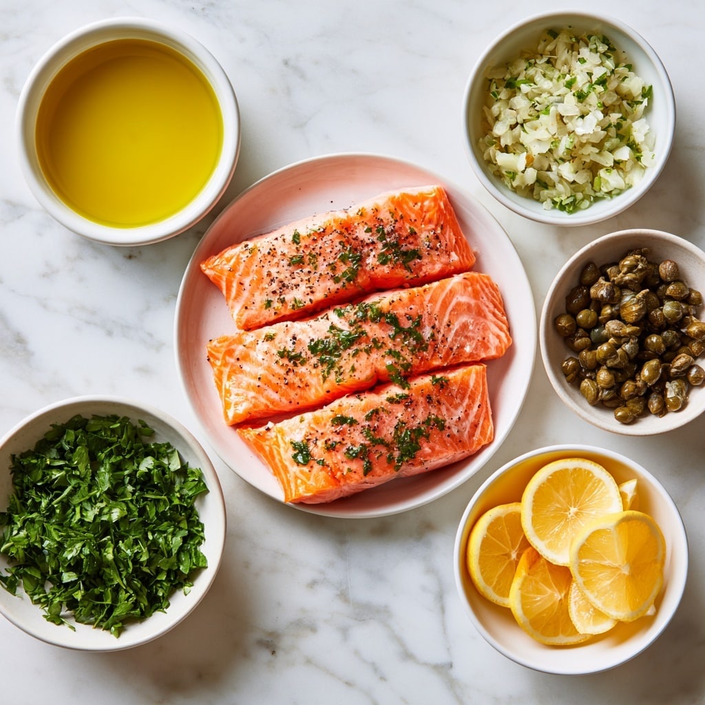 The image shows four pieces of cooked salmon arranged vertically on a white plate with a patterned edge. Each salmon piece is light pink with a slightly browned, seared texture on top. On top of each piece, there is a yellow lemon slice and a portion of light-colored sauce mixed with small green capers and chopped onion. Bright green chopped parsley is sprinkled over the salmon and sauce, adding spots of color. A silver fork rests on the right side of the plate. The plate is set on a white marbled surface. photo taken with an iphone --ar 4:5 --v 7