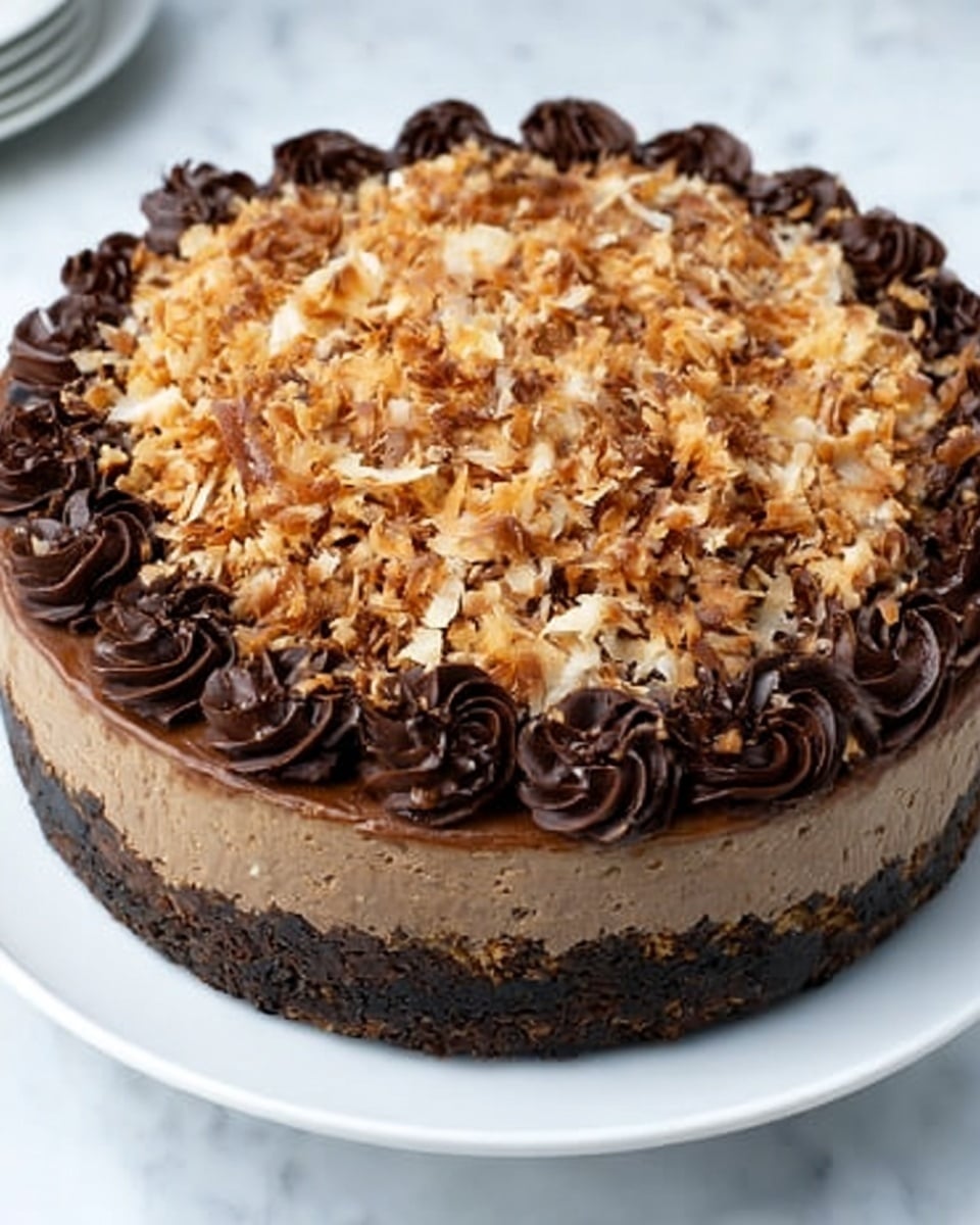 A round cake with three visible layers placed on a white plate on a white marbled surface. The bottom layer is dark, crumbly, and firm, resembling a chocolate crust. The middle layer is smooth and light brown, like chocolate mousse or cream. The top layer is thick and messy, covered with a mix of toasted, shredded coconut and nuts, giving a crunchy texture. Around the edge of the cake, there is a border of dark chocolate swirls, evenly spaced and slightly raised, creating a decorative frame. Photo taken with an iphone --ar 4:5 --v 7