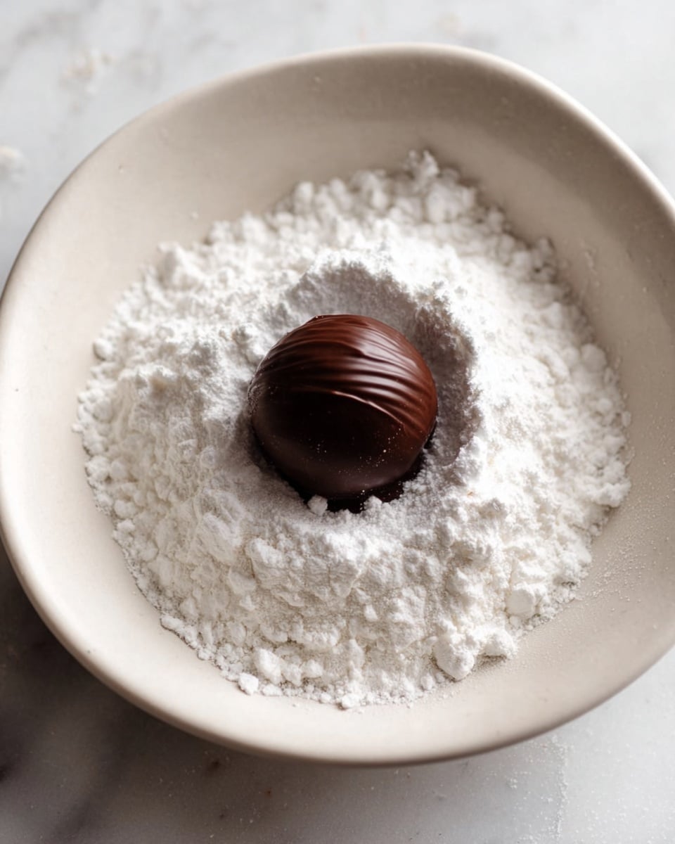 A small round ball covered in smooth dark brown chocolate is placed in the center of a white bowl filled with fine white powdered sugar, with the sugar forming a soft textured layer all around the chocolate ball. The bowl rests on a white marbled surface. photo taken with an iphone --ar 4:5 --v 7
