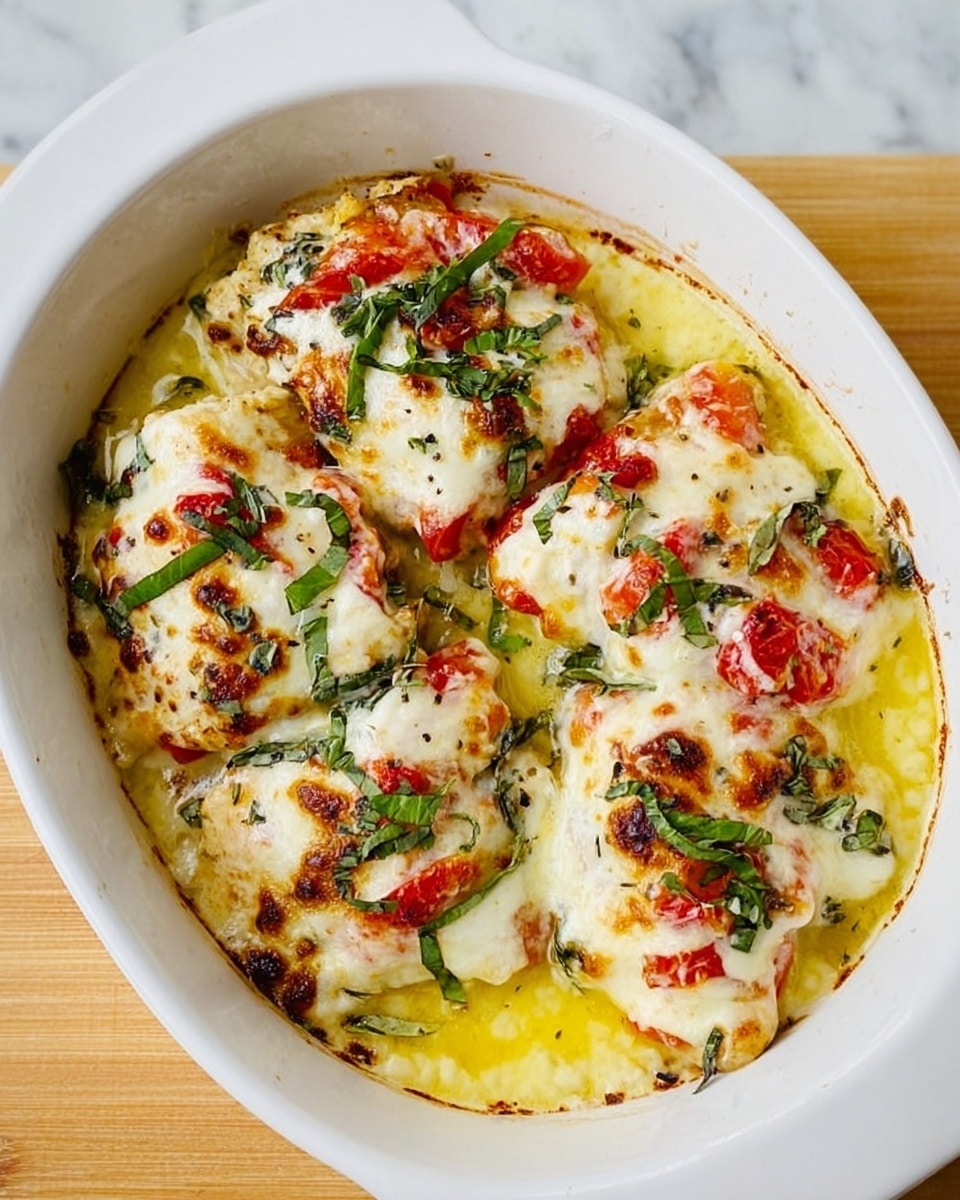 The image shows a white oval dish filled with four pieces of baked food covered in a creamy yellow sauce. Each piece has a layer of melted white cheese on top with brown spots from baking. Scattered on the cheese are small red tomato bits and thin strips of green leafy herbs. The sauce beneath the pieces looks smooth and rich, pooling around the edges inside the dish. The dish is placed on a white marbled surface. photo taken with an iphone --ar 4:5 --v 7