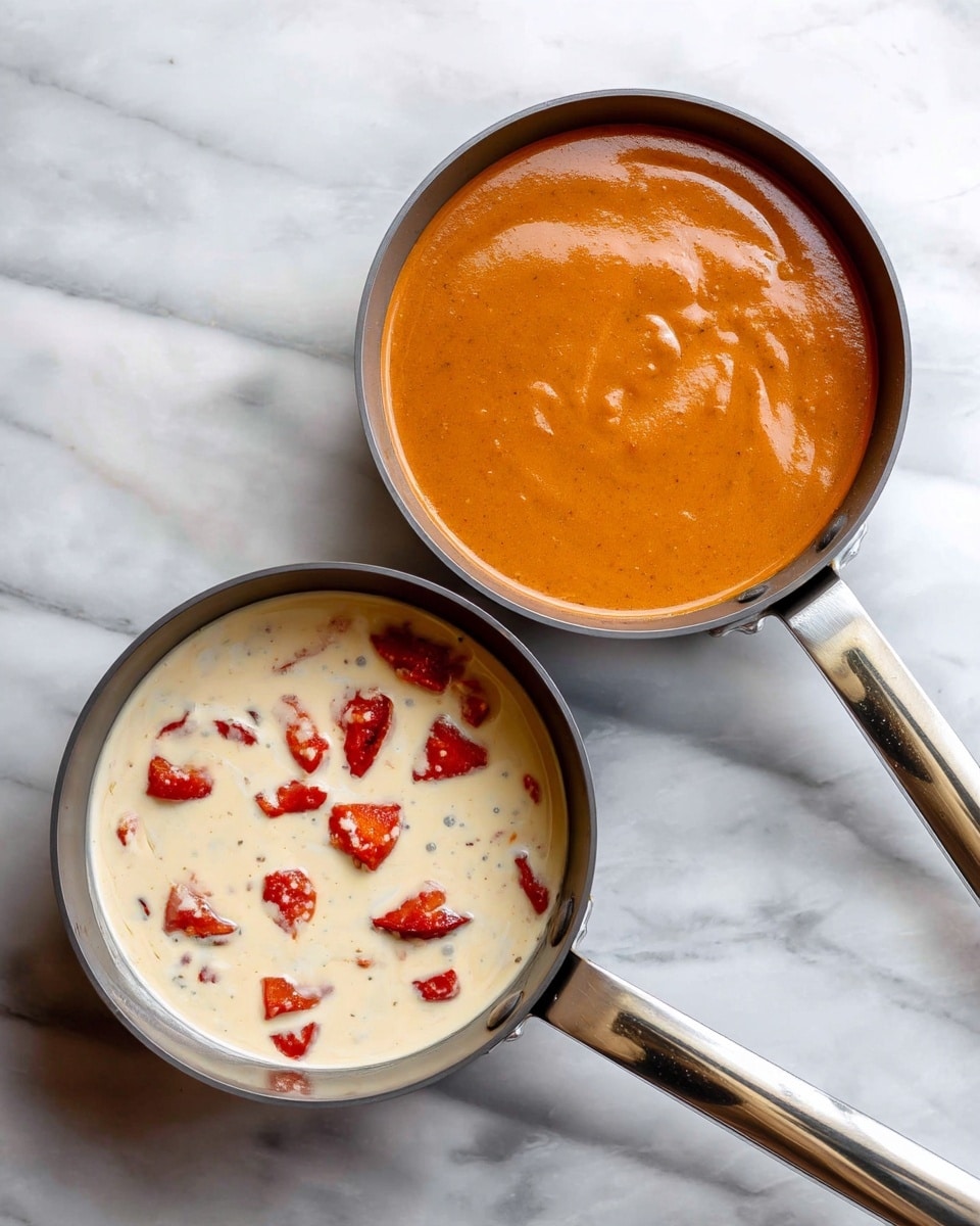 The image shows two metal saucepans placed on a white marbled surface. The saucepan on the left is filled with a creamy white liquid with red chunks floating near the center top. The saucepan on the right contains a smooth, thick orange-brown liquid with a slightly swirled texture on the surface. Both saucepans have silver handles that extend to the bottom right side of the image. photo taken with an iphone --ar 4:5 --v 7