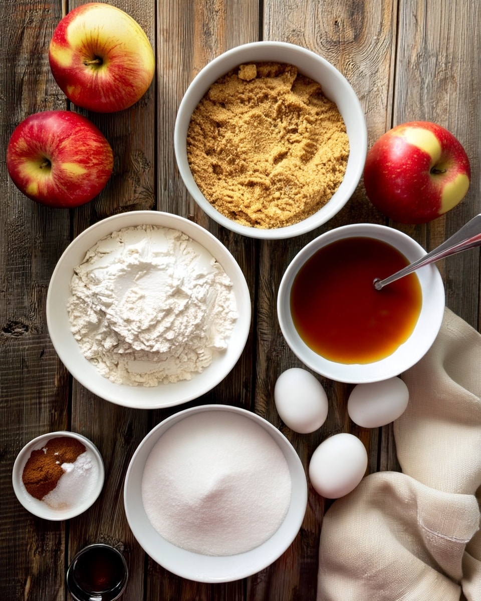 The image shows different ingredients placed on a wooden surface. There are two red apples to the upper left side. At the center top, there is a white bowl filled with brown sugar. Below it, a white bowl contains flour. To the right of the flour bowl, there is another white bowl holding a mix of melted butter and cream with a spoon inside. Three white eggs sit near the bowls on the right side. Below the eggs, a white bowl is filled with white sugar. On the bottom left corner, there are two small white bowls: one with a mix of brown spices and the other with dark vanilla extract. A light beige cloth is partially visible on the right side of the image. The whole setup is on a wooden surface. Photo taken with an iphone --ar 4:5 --v 7