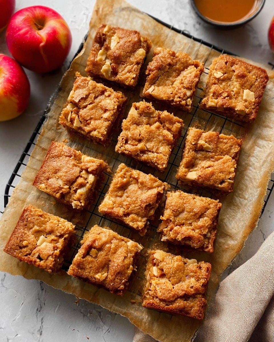 The image shows nine square pieces of a golden brown dessert with a rough, cracked top layer, arranged in a 3 by 3 grid on a sheet of parchment paper over a black wire cooling rack. The dessert has a slightly crumbly texture with visible small chunks in the crust. The background is a white marbled surface with red apples on the left side and a small bowl with a brown sauce or dip near the top right corner. A soft beige cloth is partly visible on the bottom right side. The photo appears bright and natural, highlighting the warm colors of the dessert. Photo taken with an iphone --ar 4:5 --v 7