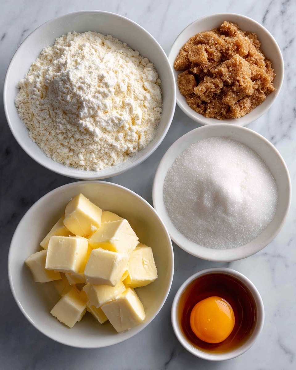 The image shows four white bowls arranged on a white marbled surface, each containing different baking ingredients. The top left bowl holds white flour, slightly off-white corn starch, and a small amount of salt all mixed together, forming a pale, powdery layer. To the right, a bowl contains two types of sugar: white granulated sugar with a fine texture and brown sugar with a coarser, slightly clumpy look, placed side by side in the bowl. Below, the left bowl has several small cubes of pale yellow butter with a smooth, creamy texture. Finally, the bottom right bowl has a single, bright orange egg yolk and some clear vanilla extract, slightly shiny and liquid, creating a contrast with the solid yolk. The labels for each ingredient are written in black bold text near each bowl. Photo taken with an iphone --ar 4:5 --v 7