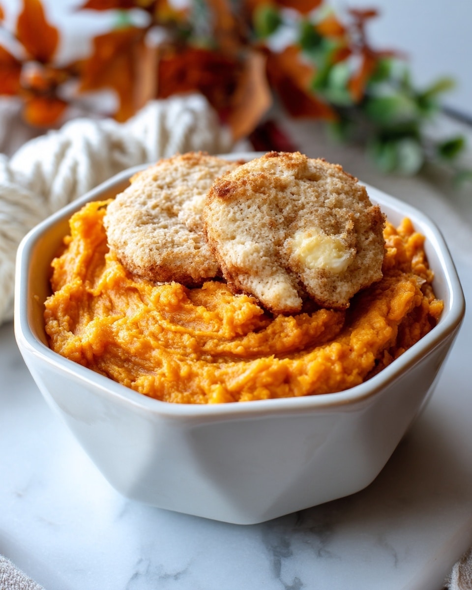 The image shows a thick layer of smooth, bright orange mashed sweet potatoes filling a white bowl with a rounded octagonal shape. On top of the sweet potatoes is a single layer of two light brown, round biscuit halves with a soft, slightly crumbly texture and some darker brown specks. The bowl sits on a white marbled surface with soft natural light, and in the background, parts of white yarn and an autumn decoration are slightly blurred. Photo taken with an iphone --ar 4:5 --v 7