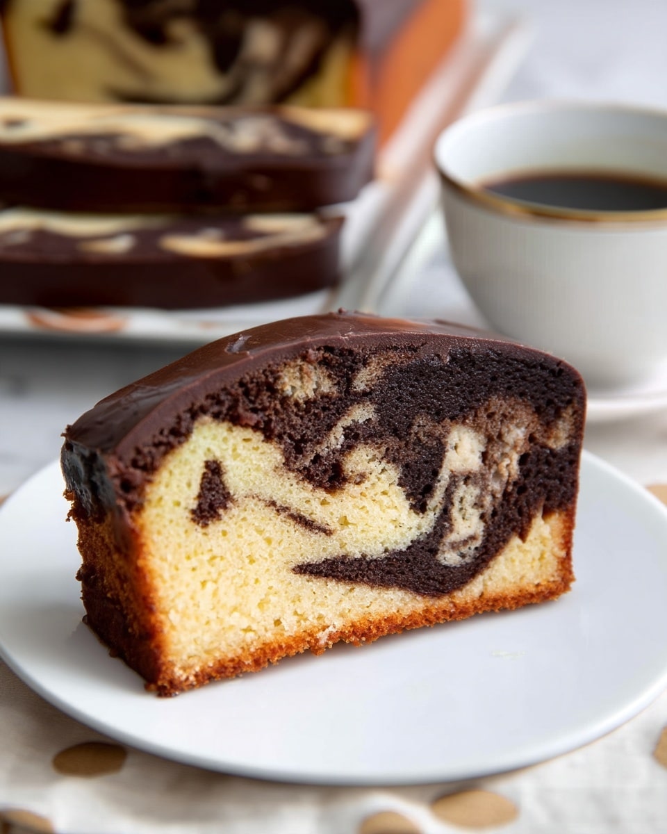A single slice of marble cake rests on a white plate, featuring two main layers swirled together: one light beige vanilla layer with a soft texture and one rich dark brown chocolate layer. The bottom edge of the slice is coated with a smooth, shiny dark chocolate glaze that wraps around the cake's base. In the blurred background, more slices of the same cake lie stacked on a white marbled surface, and a white cup with gold trim contains black coffee. The photo taken with an iphone --ar 4:5 --v 7
