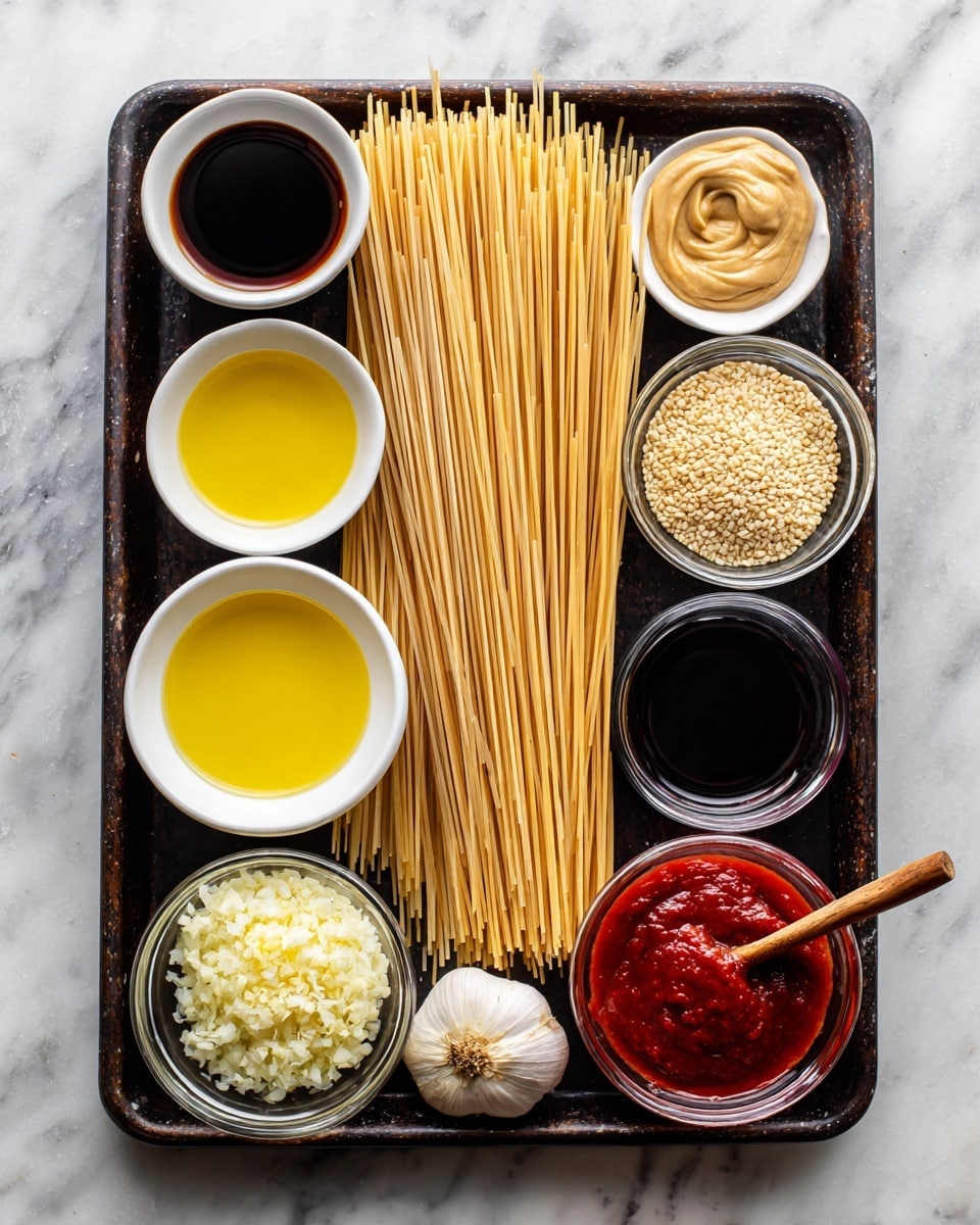 A dark baking tray sits on a white marbled surface holding various small white bowls and a glass bowl, each filled with different ingredients. In the center, a tight bundle of uncooked beige rice noodles stands upright. Surrounding the noodles, from left to right, are small bowls with bright yellow oil, dark soy sauce, light translucent rice vinegar, dark amber honey, creamy beige tahini in a round bowl, deep red sriracha in a glass bowl, off-white minced garlic, reddish-brown sesame oil, and a small spoon of light yellow ginger. The setup is neat and organized. Photo taken with an iphone --ar 4:5 --v 7
