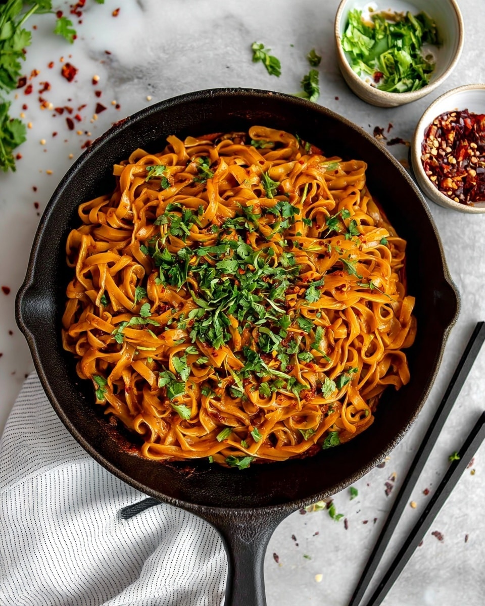 The image shows a black cast iron pan filled with thick orange-brown noodles in a rich sauce, topped with fresh green chopped herbs scattered across the top. The pan is placed on a white marbled surface with some scattered red chili flakes around it. Nearby, there are two small white bowls; one filled with chopped green herbs and the other with red chili flakes. A pair of black chopsticks lie on the right side of the pan, and a striped cloth is partially visible below the pan. The photo taken with an iphone --ar 4:5 --v 7