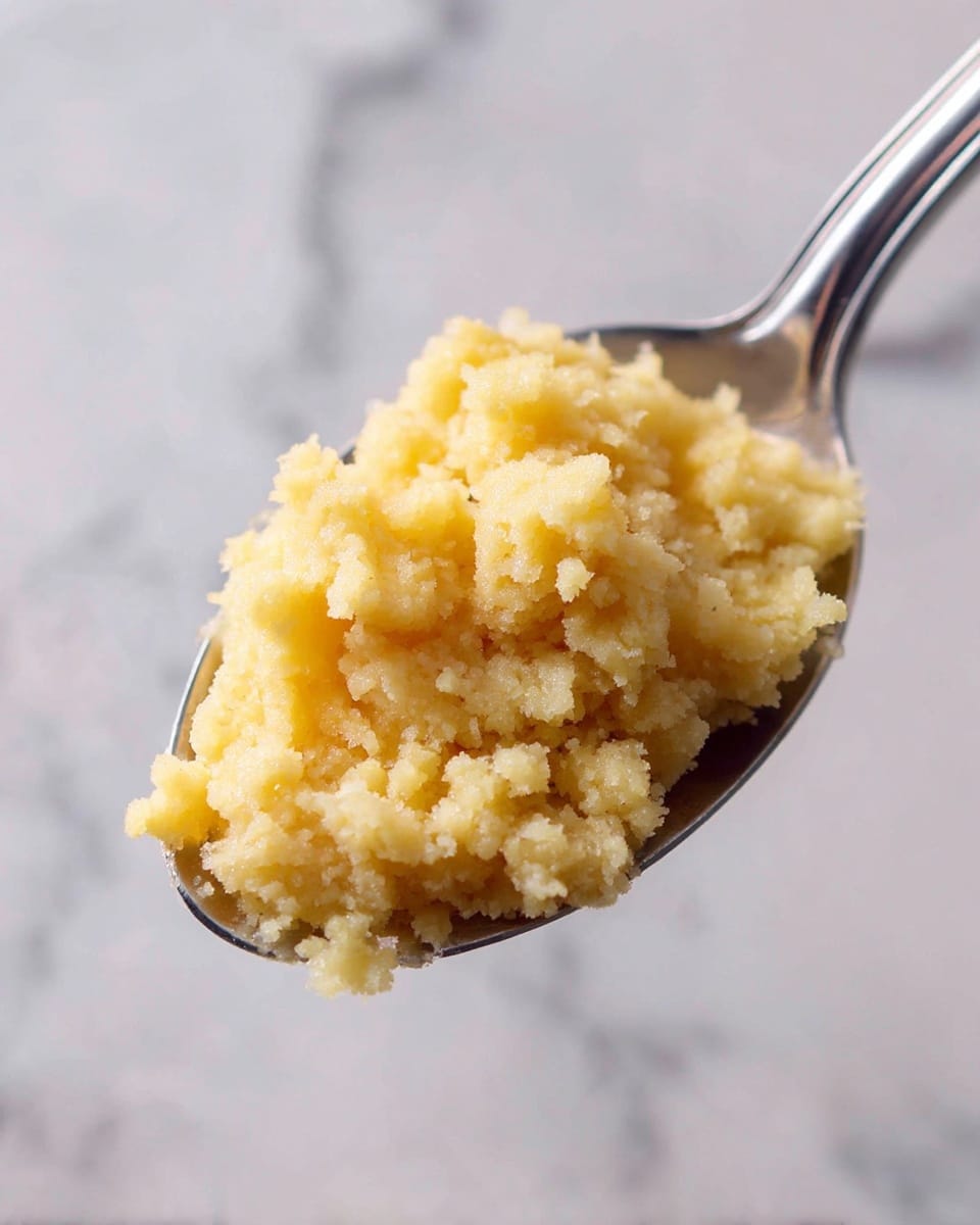 A close-up image of a spoon holding a small scoop of pale yellow, soft-textured cookie dough with a crumbly surface. The spoon is silver and angled slightly downwards, resting on a surface with a white marbled texture, which fills the entire background in a soft blur. The focus is sharply on the dough, showing its rough, grainy details and fluffy appearance. Photo taken with an iphone --ar 4:5 --v 7