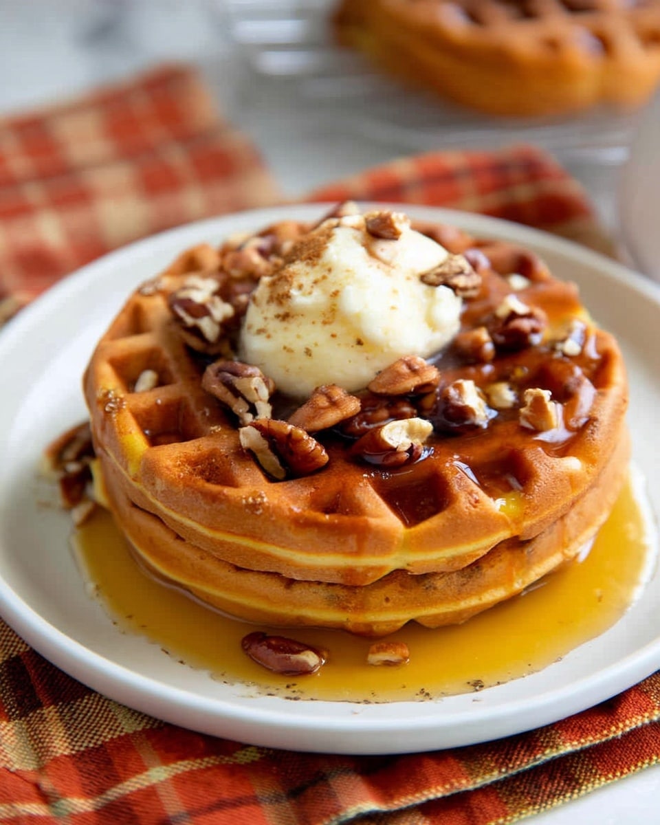 The image shows six steps of making pumpkin waffles. The first two images display a clear measuring cup on a white marbled surface filled with smooth pumpkin-colored batter, gradually thickening and becoming slightly more textured with some white streaks. The third and fourth images show an open black waffle maker with four square waffle sections, with a woman's hand using a metal scoop to pour the pumpkin batter into one section. The fifth image has the waffle maker still open, showing four golden-brown cooked waffles with a crisp, grid texture perfectly round and slightly puffed inside the maker. The last image features a white marbled surface with three small orange pumpkins in the background and a stack of golden pumpkin waffles with deep grids stacked on a wire rack. Photo taken with an iphone --ar 4:5 --v 7