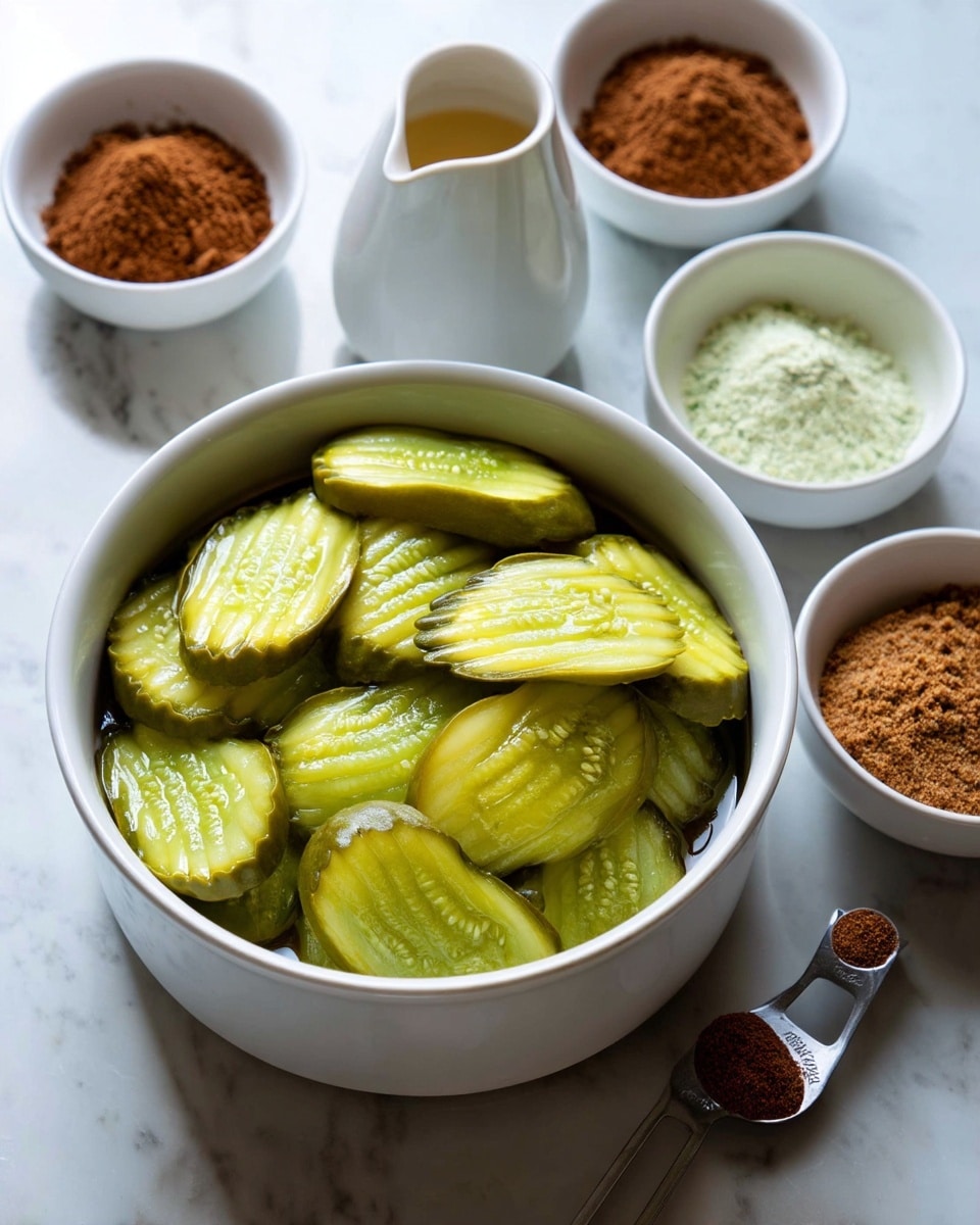 The image shows a white bowl filled with green, ridged pickle slices layered evenly inside. Around the bowl are small white bowls filled with various powders and sauces, with colors ranging from white to brown to light green. To one side, there is a white jug with a light liquid and a measuring spoon with a dark brown powder. The surface beneath everything is a white marbled texture. The photo taken with an iphone --ar 4:5 --v 7