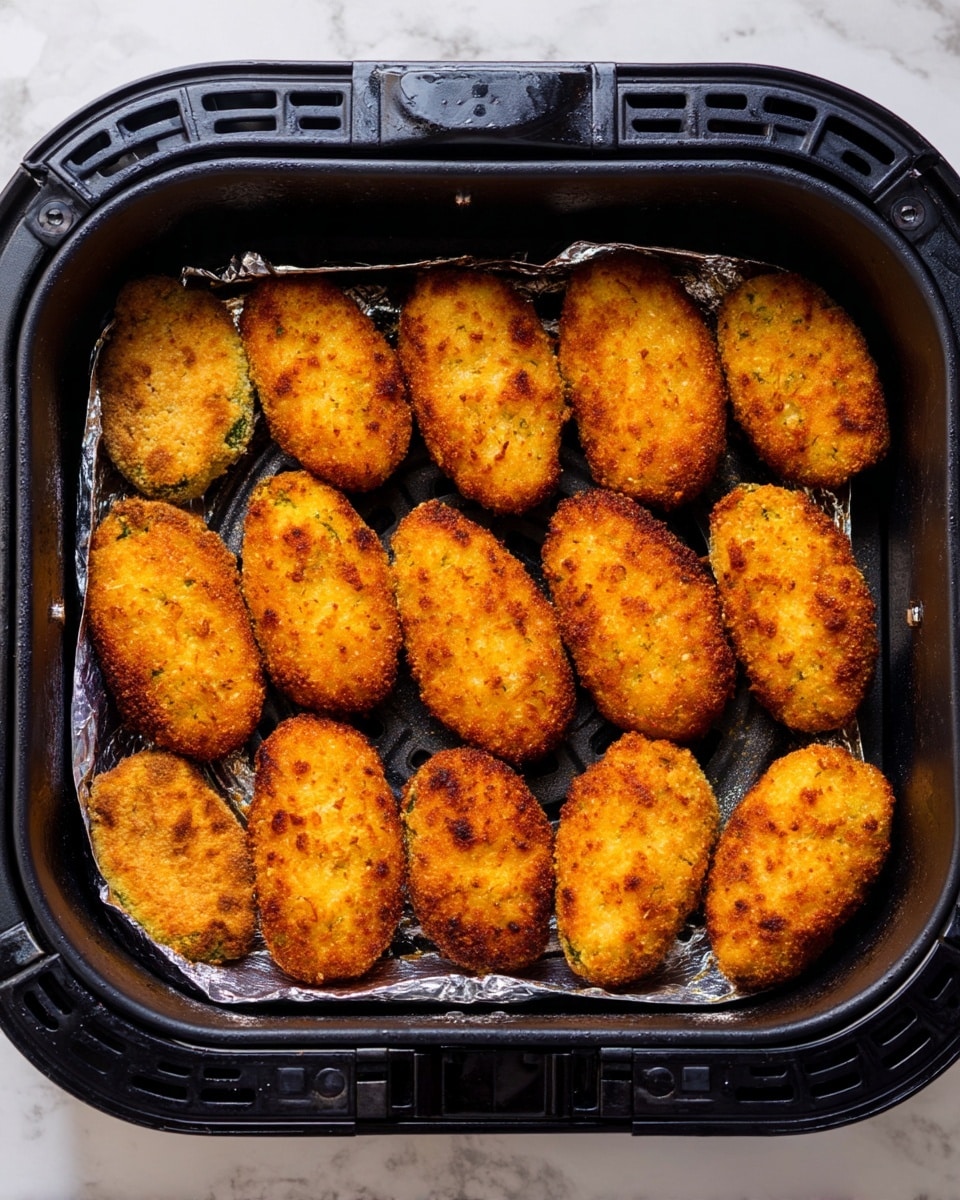The image shows a black air fryer basket lined with crinkled silver foil holding sixteen golden brown, oval-shaped pieces of breaded food arranged in three uneven rows. Each piece has a crispy, textured coating with some areas darker and more toasted than others, creating a varied golden orange and light brown pattern. The air fryer basket has small vents and a handle on the side, placed on a white marbled surface. photo taken with an iphone --ar 4:5 --v 7
