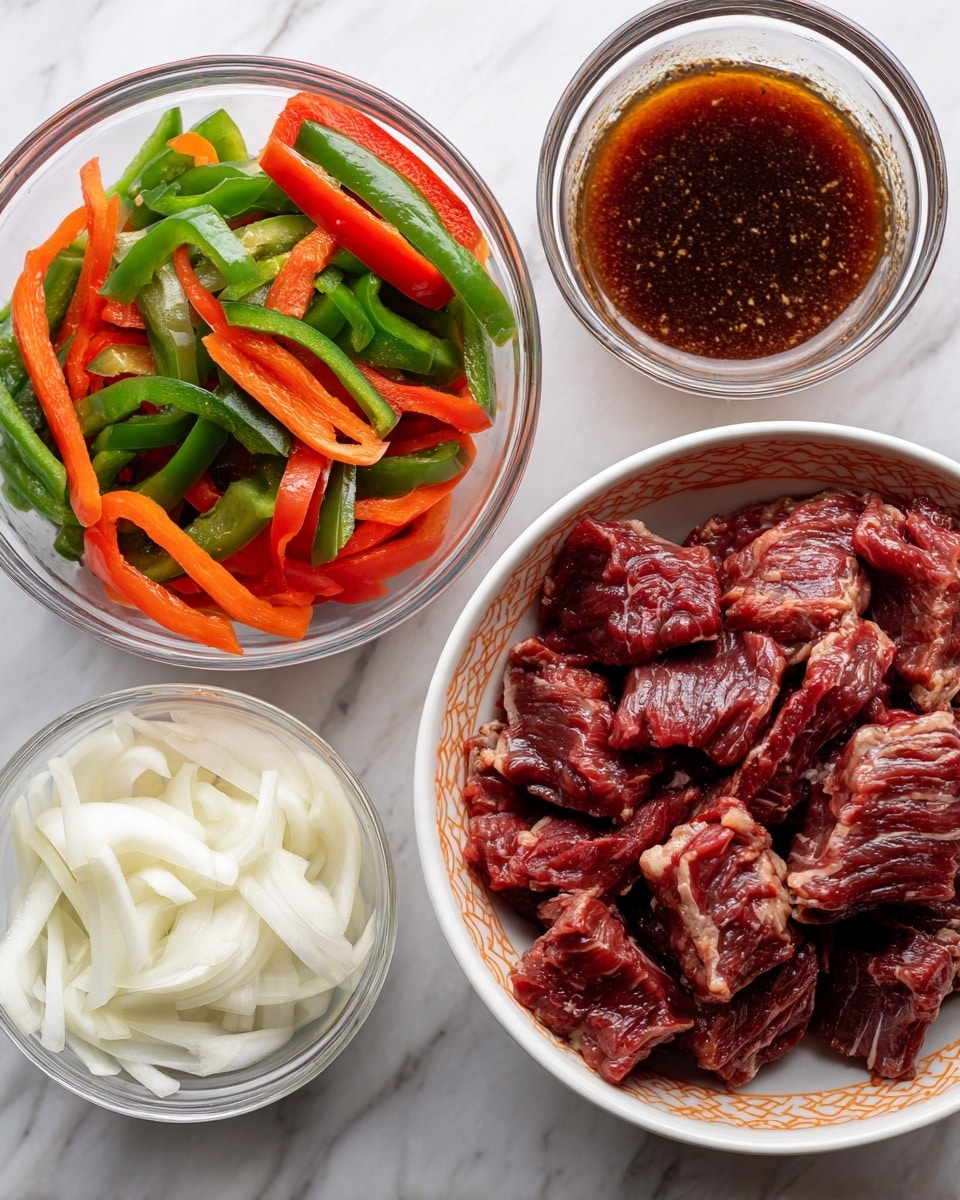 The image shows four containers with ingredients on a white marbled surface. At the bottom right is a bowl filled with thinly sliced raw beef, the beef pieces are dark red with some white fat parts, and the bowl is white with an orange patterned inside. To the top left, there is a clear glass bowl filled with sliced green and red peppers, the peppers are long and thin. Above the beef bowl is a small white measuring cup holding thinly sliced white onions, which look soft and curvy. To the top right, there is a clear glass measuring cup filled with a dark brown stir fry sauce. The containers are spaced evenly, and the overall scene is bright and clean. photo taken with an iphone --ar 4:5 --v 7