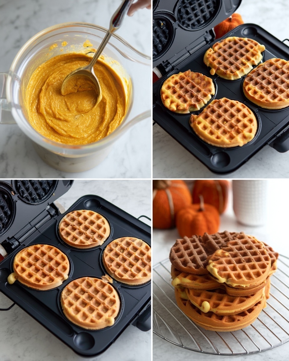 A thick, round golden brown waffle sits on a white plate with a smooth, slightly crispy texture and visible waffle grid pattern. On top, there is a white cream dollop, sprinkled with a light dust of cinnamon powder and surrounded by scattered pecan halves. Syrupy golden honey drizzles over the waffle and pecans, adding shine and moisture. A piece of the waffle is lifted with a fork on the left side of the plate, showing a soft, fluffy inside with small air pockets. The plate rests on a folded, orange checkered cloth over a white marbled surface, and in the background, more waffles are stacked on a white plate with a white flower nearby. Photo taken with an iphone --ar 4:5 --v 7
