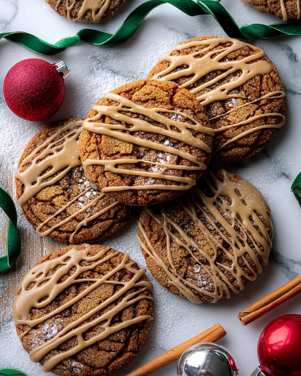 The image shows a group of round, brown cookies on a white marbled surface, each cookie topped with a light brown glaze that is drizzled in thin, uneven lines or spread thicker on some. The cookies have a cracked texture and look crunchy. The surface is dusted lightly with white powder that looks like powdered sugar. A dark green ribbon runs through the arrangement, and there are a few cinnamon sticks nearby along with two shiny Christmas ornaments, one red and one silver with a festive design. photo taken with an iphone --ar 4:5 --v 7