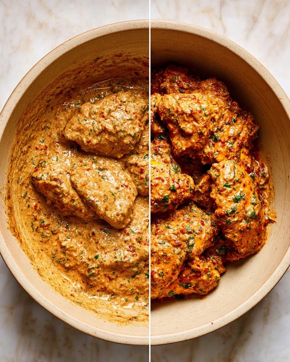 The image on the left shows a thick, creamy sauce with a speckled texture in a large beige bowl sitting on a white marbled surface. The sauce is mostly orange with visible bits of green herbs and red spices mixed in, giving it a rich, textured look. On the right, the same beige bowl now contains four pieces of chicken coated in the same orange, spiced sauce, with the sauce clinging closely to the chicken's uneven surfaces, showing flecks of herbs and spices. The chicken pieces are layered inside the bowl with the sauce filling the gaps, all placed on the same white marbled surface. Photo taken with an iphone --ar 4:5 --v 7