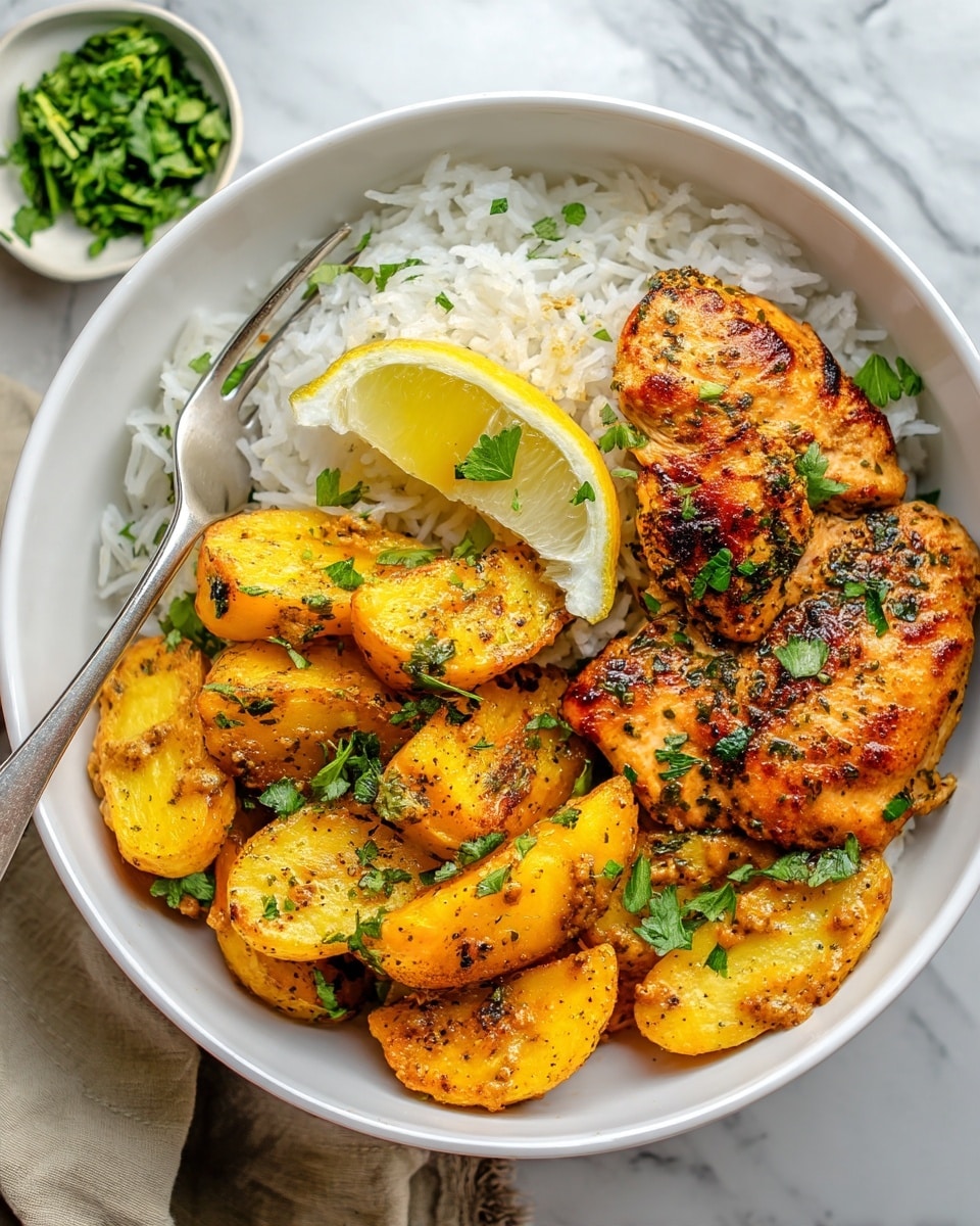 The image shows a white bowl filled with three main layers. The bottom layer is fluffy white rice, spread evenly across the bowl. On one side, there are grilled golden-yellow potato wedges seasoned with herbs, placed closely together. Next to the potatoes, there are two pieces of grilled chicken, golden brown with a slightly charred texture and topped with small green herb pieces. A lemon wedge rests on the rice near the chicken. Nearby, a silver fork is placed inside the bowl. The bowl is set on a white marbled surface, with a small white bowl of chopped herbs nearby and a beige cloth slightly visible. Photo taken with an iphone --ar 4:5 --v 7