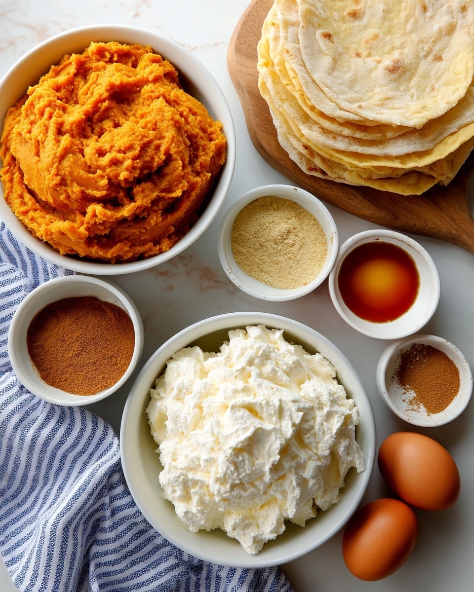 The image shows several white bowls and plates arranged on a white marbled surface, holding ingredients for baking. There is a white bowl in the center with a large amount of white cream cheese. To its left, there is a white bowl filled with bright orange pumpkin puree. Above these, on a wooden board, there are several thin, light beige sheets stacked neatly. Around them are small white bowls containing a light brown powder (likely cinnamon), a darker golden brown spice, and a light tan powder (probably sugar). There are two brown eggs placed on the surface next to a blue and white striped cloth, adding a warm color contrast. Overall, the colors are soft and warm, and the textures include creamy, smooth, and powdery layers. photo taken with an iphone --ar 4:5 --v 7