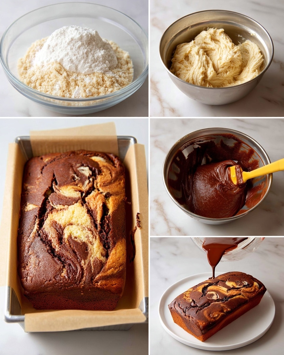 The image shows six steps of making a marbled loaf cake arranged in two columns and three rows on a white marbled surface. The first image shows a clear glass bowl with light beige flour mixture and a mound of white powder on top. The second image shows the mixture turned into a creamy light beige batter inside a silver mixing bowl with some texture from mixing. The third image shows the same bowl now filled with a darker brown chocolate batter, being mixed with a yellow spatula. The fourth image shows a loaf pan lined with parchment paper holding swirled light beige and dark brown batter in a marble pattern. The fifth image shows the baked loaf with a firm crust, with the same marbled swirls visible on top. The sixth image shows chocolate sauce being poured over the marbled cake placed on a white plate. photo taken with an iphone --ar 4:5 --v 7