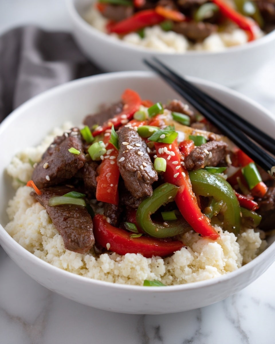 A white bowl filled with three main layers: the bottom layer is white cauliflower rice with a fluffy texture, on top of that are slices of cooked dark brown beef pieces mixed with vibrant red and green bell pepper strips and some light green onion slices, all sprinkled lightly with white sesame seeds. The bowl sits on a white marbled surface, and a pair of black chopsticks rests on top of the bowl. In the background, there is a white bowl filled with more beef and bell peppers, slightly out of focus. photo taken with an iphone --ar 4:5 --v 7