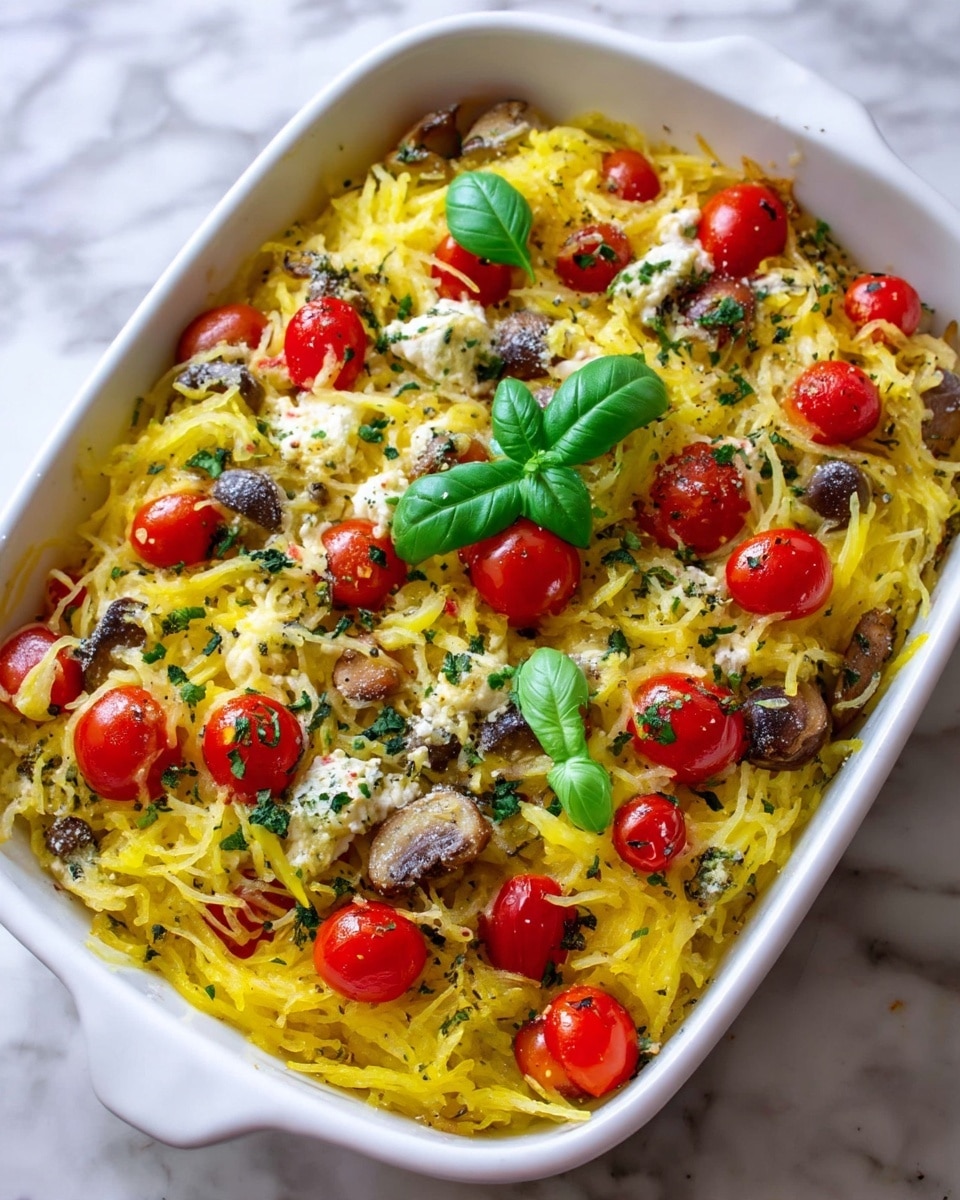 A white baking dish filled with a layered mix of yellow spaghetti squash strands, bright red cherry tomatoes, and pieces of brown mushrooms. The squash strands create a light, stringy base spread across the dish, while the cherry tomatoes are scattered evenly, adding vibrant pops of color. Small bits of white cheese and green herbs are mixed in and sprinkled on top, giving a textured look with some fresh basil leaves placed for garnish. The edges of the dish have browned bits from baking, adding a slightly crispy texture. The dish sits on a white marbled surface. photo taken with an iphone --ar 4:5 --v 7