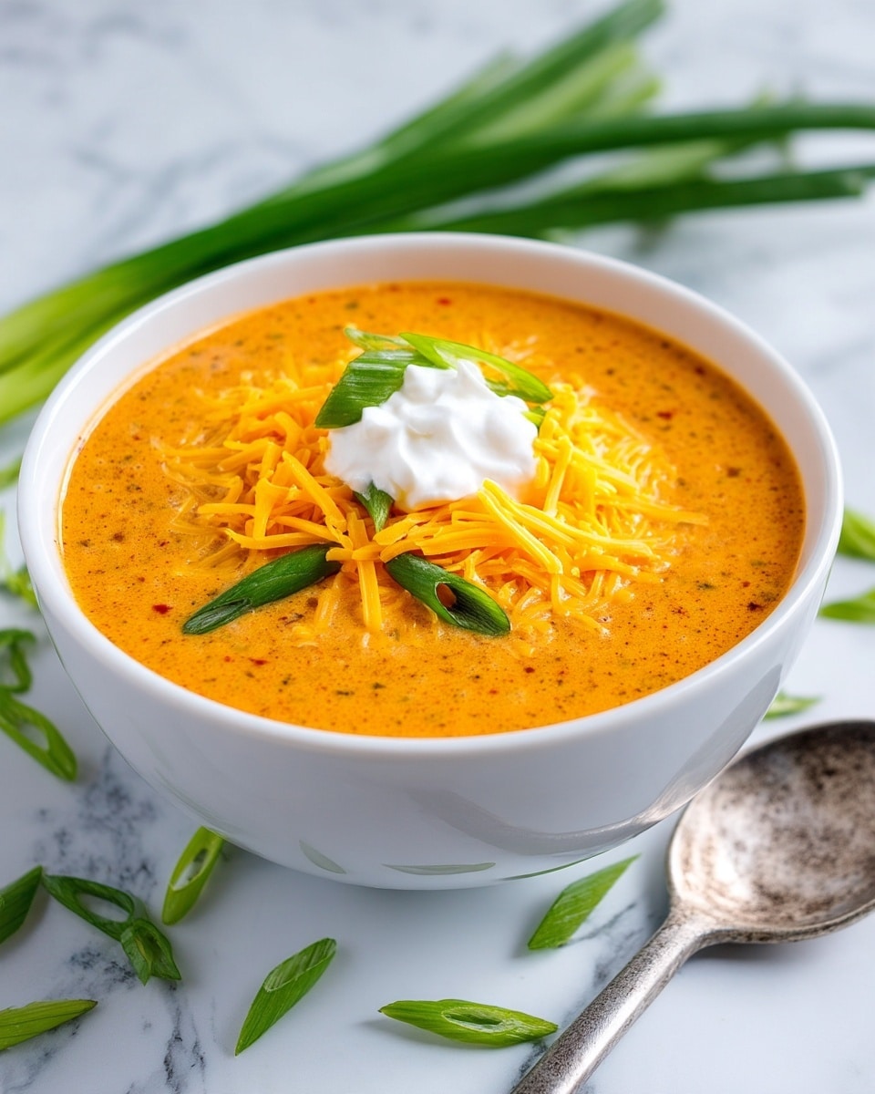The image shows a white bowl filled with a creamy, orange soup that has a smooth texture with visible tiny specks throughout. On top of the soup, there is a generous pile of shredded bright yellow cheese placed near the center. A dollop of white sour cream sits right on top of the cheese, adding a smooth and soft contrast. Scattered around the cheese and sour cream, fresh green sliced scallions add a pop of color and freshness. The bowl is set on a white marbled surface, with additional green scallion pieces scattered casually around. A worn silver spoon rests near the bottom right of the bowl. Photo taken with an iphone --ar 4:5 --v 7