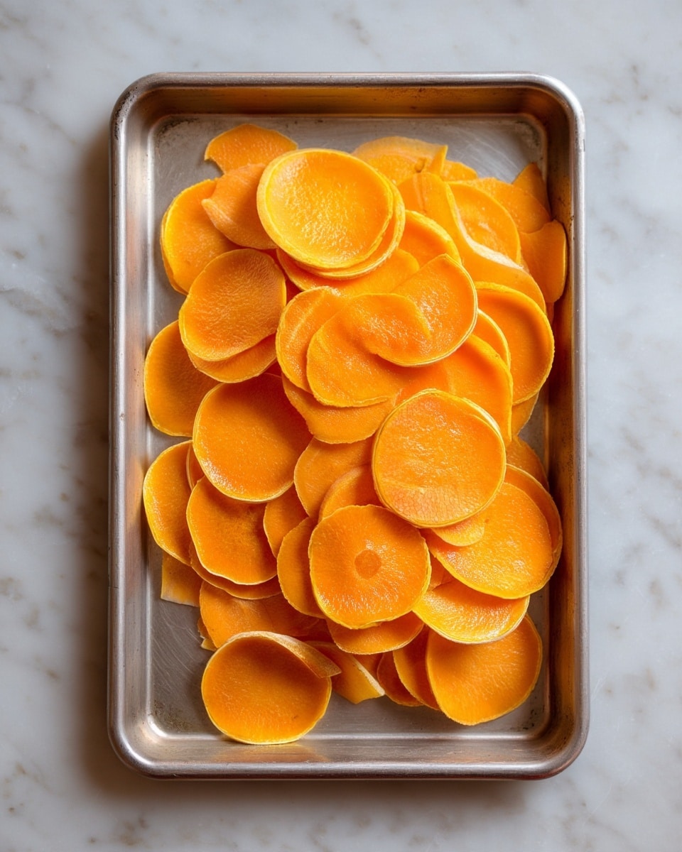 A metal baking tray on a white marbled surface holds a pile of thin orange slices layered unevenly, with some overlapping and others slightly curled at the edges. The slices look soft and fresh, filling most of the tray's space. The photo has a clean and simple look, focusing on the vibrant orange color and delicate texture of the slices. photo taken with an iphone --ar 4:5 --v 7