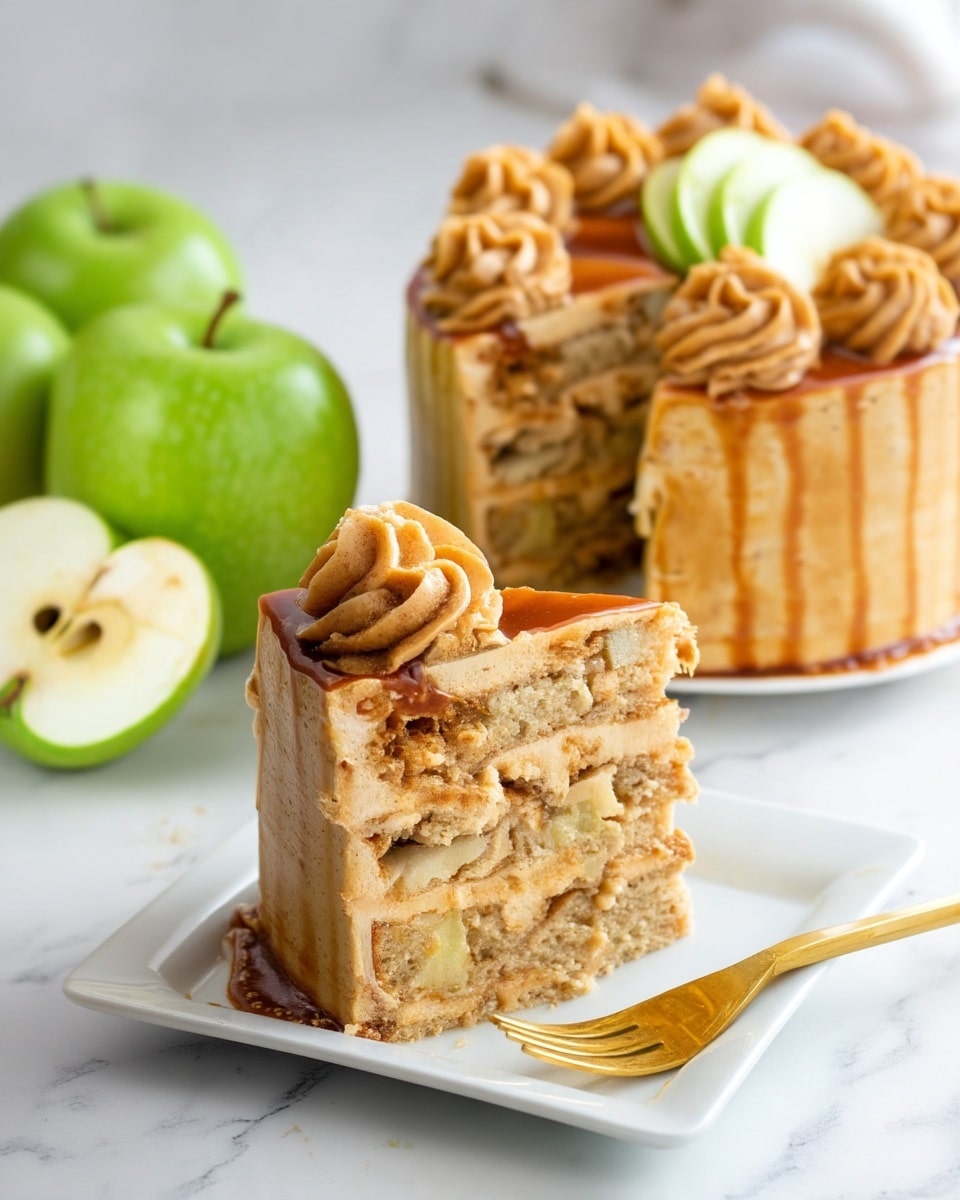 A multi-layer apple cake with four visible layers of light brown cake mixed with small apple chunks and creamy filling between each layer. The top is covered with smooth caramel glaze, decorated with eight swirled dollops of beige frosting around the edge, and three thin green apple slices placed near one side. A slice of the cake is taken out and placed on a white square plate, showing the soft texture inside. A gold fork is inserted into the slice, with parts of the slice lifted. The background is a white marbled texture with a whole green apple and half an apple placed near the cake. Photo taken with an iphone --ar 4:5 --v 7