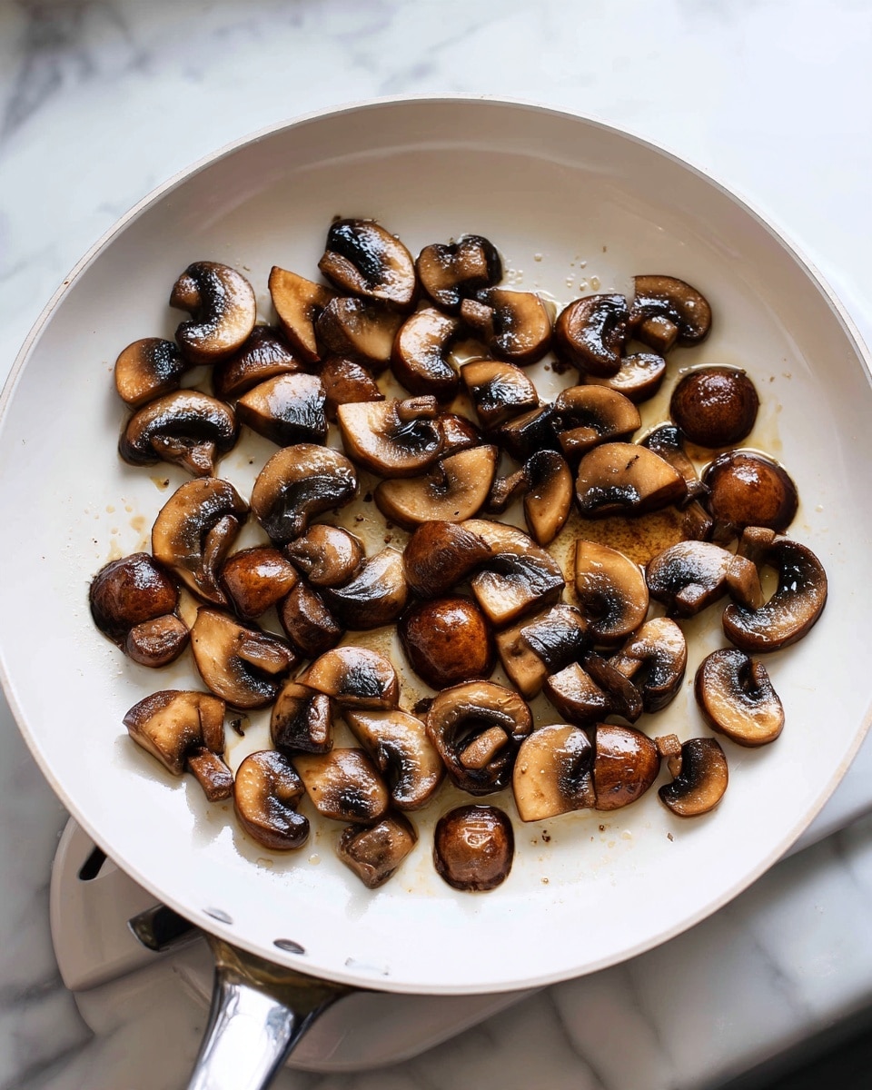 The image shows a white skillet filled with many cooked mushroom pieces. The mushrooms are sliced in half or quarters and are dark brown with a slightly shiny, cooked texture. They are spread evenly in the pan, with some small pools of oil visible around them. The pan rests on a white marbled surface with part of a stovetop handle visible at the bottom edge. photo taken with an iphone --ar 4:5 --v 7