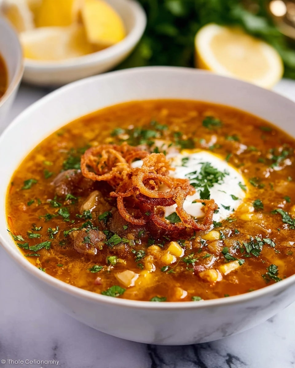 A white bowl filled with thick, orange-brown soup that has visible chunks of meat and small corn kernels, topped with a dollop of white cream, crispy golden-brown fried onion rings, and sprinkled with fresh green herbs. The soup looks hearty with a slightly glossy surface, and the bowl is set on a white marbled surface with blurred green herbs and lemon halves in the background. Photo taken with an iphone --ar 4:5 --v 7