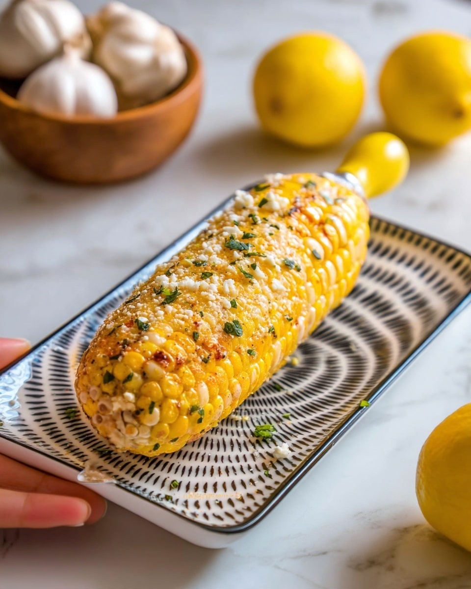 A single ear of yellow grilled corn stands upright on a white rectangular plate with black curved lines radiating from the center. The corn is covered with white crumbled cheese and small green herb bits, sprinkled evenly across its surface. A yellow corn holder is attached at the bottom, with the ear positioned vertically in the center of the plate. The plate rests on a white marbled surface that adds a subtle texture to the scene. Around the plate, bulbs of white garlic and a wooden bowl with yellow lemons are partly visible, adding natural, warm tones to the composition. photo taken with an iphone --ar 4:5 --v 7