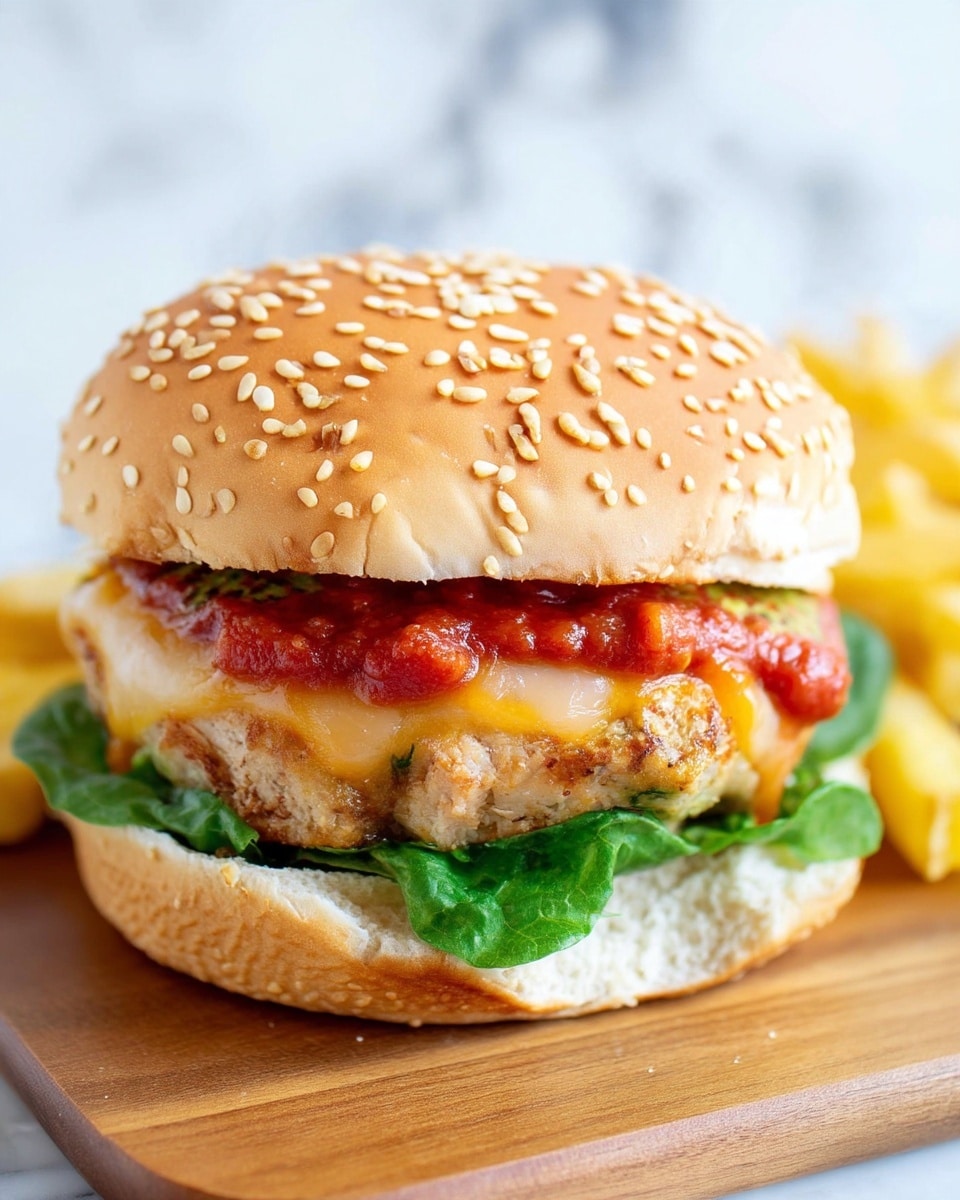 A close-up view of a sandwich on a sesame seed bun with four layers visible: the bottom layer is a soft, slightly textured bun, followed by fresh green lettuce, then a thick, light brown grilled chicken patty topped with melted yellow cheese, and a layer of thick red tomato sauce beneath the top sesame seed bun. The sandwich is placed on a wooden board with some golden fries on the side, all set against a white marbled surface in the background. Photo taken with an iphone --ar 4:5 --v 7