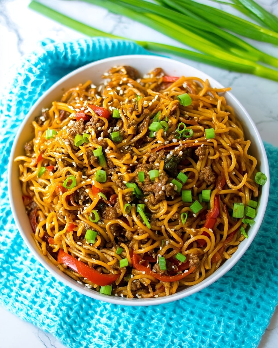 A white bowl is filled with a close-up of cooked noodles mixed with small pieces of brown ground meat and thin slices of red bell pepper. The noodles have a shiny, slightly oily texture and a golden-brown color. There are small green chopped scallions scattered evenly on top, along with white sesame seeds that add light spots all over the dish. The bowl sits on a bright blue textured cloth, and some whole green scallions lie nearby on a white marbled surface. The image is vibrant and well-lit, showing texture and color details clearly photo taken with an iphone --ar 4:5 --v 7