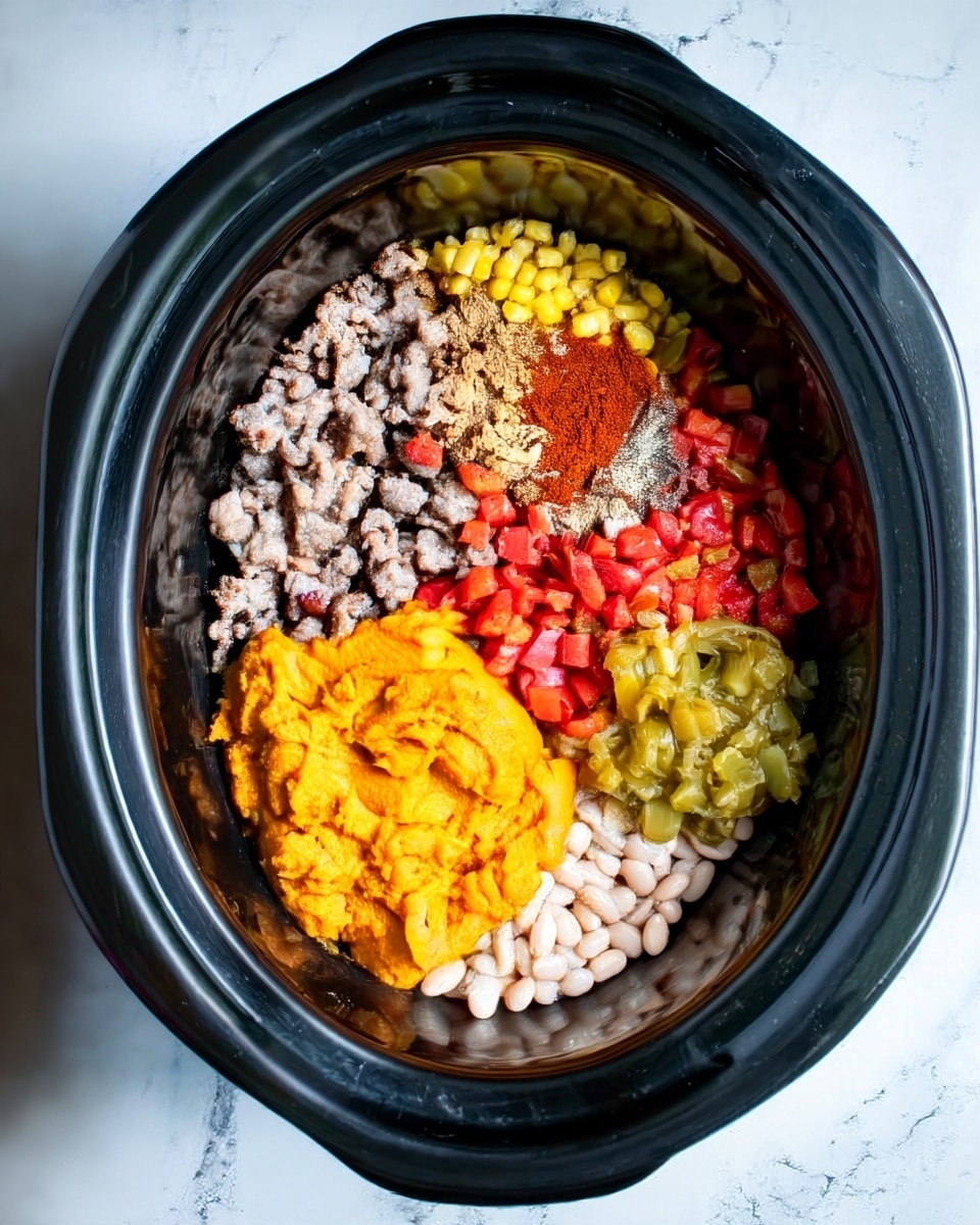 The image shows a black slow cooker filled with seven distinct layers of ingredients arranged side by side to form a colorful patchwork. Starting from the left, a light brown cooked ground meat forms a crumbly layer, next to a bright yellow corn, while a reddish-brown spice mix is placed on top of a small pile of light tan powder. Below the spices, there are bright red diced tomatoes, and to the right of them, chopped green chilies, both appearing moist and chunky. On the bottom left inside the cooker is a smooth, thick layer of bright orange mashed sweet potatoes or pumpkin puree, and directly below the chilies is a section of white beans that look soft and plump. The cooker is placed on a white marbled surface, photo taken with an iphone --ar 4:5 --v 7
