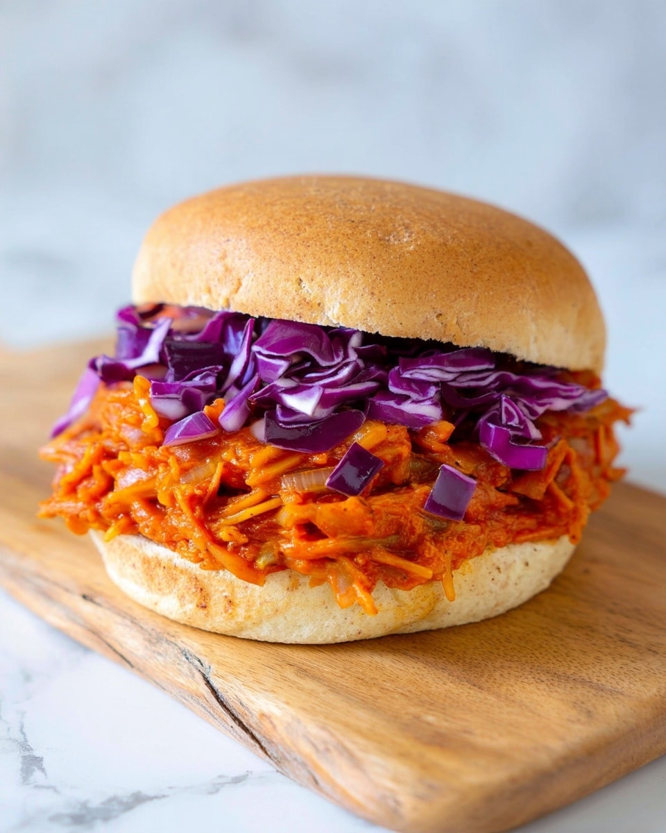 The image shows a sandwich with three layers. The bottom layer is a soft light brown bun base. On top of this, there is a thick middle layer of orange shredded vegetable mix with some pieces of translucent cooked onions mixed in, giving it a saucy look. The top layer has small pieces of chopped purple cabbage scattered evenly. The sandwich is held by a top bun of the same color as the bottom, slightly tilted to reveal the filling inside. The sandwich sits on a wooden board with a white marbled surface in the background. photo taken with an iphone --ar 4:5 --v 7