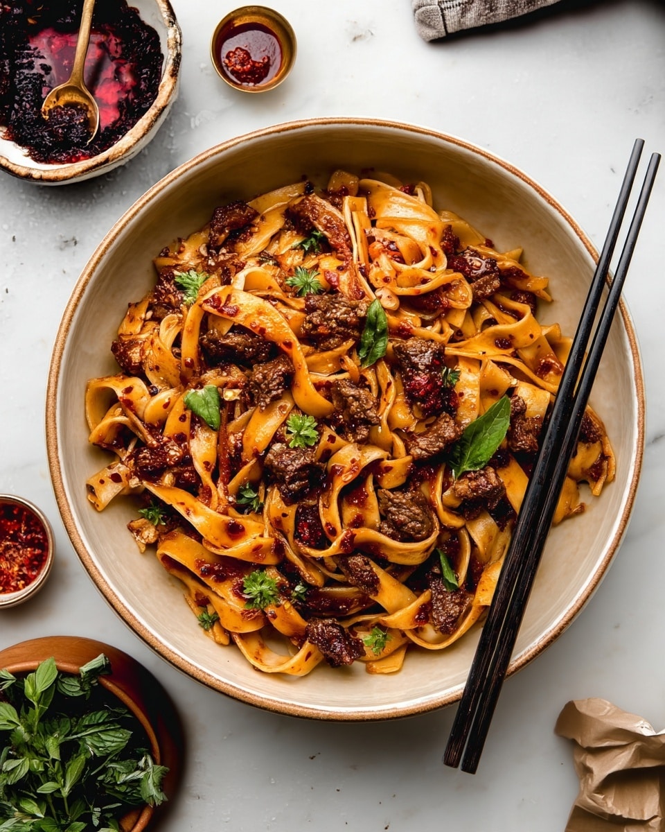 A round bowl with wide flat noodles mixed with dark brown pieces of meat and garnished with small green herb leaves; the noodles and meat are coated in a reddish-brown sauce with visible chili flakes, giving a slightly shiny texture. The bowl sits on a white marbled surface, with a pair of black chopsticks resting inside, angled diagonally across the noodles. Around the bowl, there are small dishes with sauces and herbs, one with a dark red sauce and a golden spoon, and a crumpled piece of paper on the side. Photo taken with an iphone --ar 4:5 --v 7