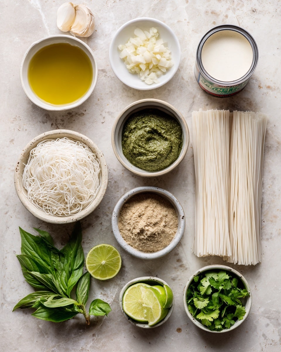 The image shows a white marbled surface with various cooking ingredients arranged neatly. At the top left, a small white bowl holds olive oil, next to a small white bowl with minced garlic. To the right, a can of coconut milk and a carton of vegetable broth sit side by side. Below these, there are small white bowls with green curry paste, chopped chives, and ground ginger. On the right, a bundle of uncooked vermicelli noodles lies flat. At the bottom left, fresh basil leaves form a small pile, while next to them, lime wedges are grouped together. Finally, fresh cilantro is placed at the bottom right. The photo taken with an iphone --ar 4:5 --v 7