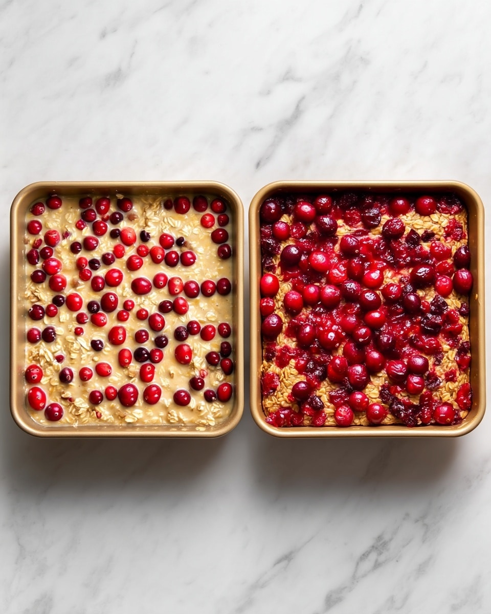The image shows two square baking pans side by side on a white marbled surface. The left pan contains an unbaked mixture with a creamy tan base made of oats or similar grains, topped with bright red whole cranberries evenly spread over the surface. The right pan has the baked version of the same dish, where the oat base is golden brown with slightly toasted oat texture and the cranberries have darker shades of deep red and some burst open showing a juicy texture. Both pans have a light gold color and clean edges. Photo taken with an iphone --ar 4:5 --v 7