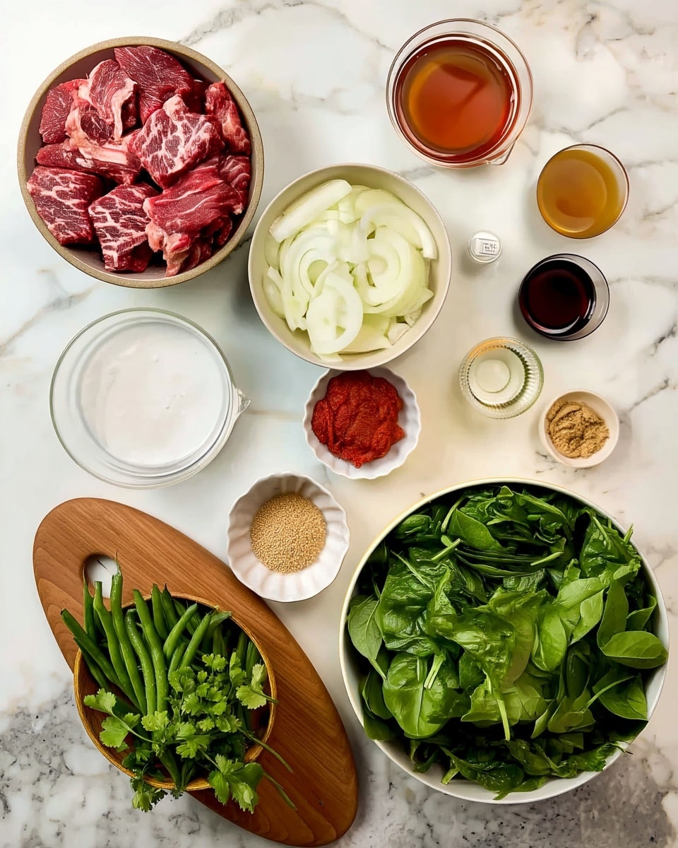 The image shows a collection of fresh ingredients arranged neatly on a white marbled surface. There are seven bowls and one small dish: the top left bowl holds chunks of red marbled raw meat, below it sits a clear bowl with a white liquid, and next to that is a small white dish of bright red paste. Above the paste, a white bowl is filled with sliced white onions. To the right of the onions are three small glass bowls with brown, light yellow, and clear liquids, and a tiny bowl containing a beige powder. A large white bowl on the lower right is filled with fresh, dark green spinach leaves. A round wooden board holds a small wooden bowl of green beans and a bunch of fresh green cilantro, positioned next to the beans. The whole scene has a clean, fresh look, with each ingredient clearly displayed. photo taken with an iphone --ar 4:5 --v 7